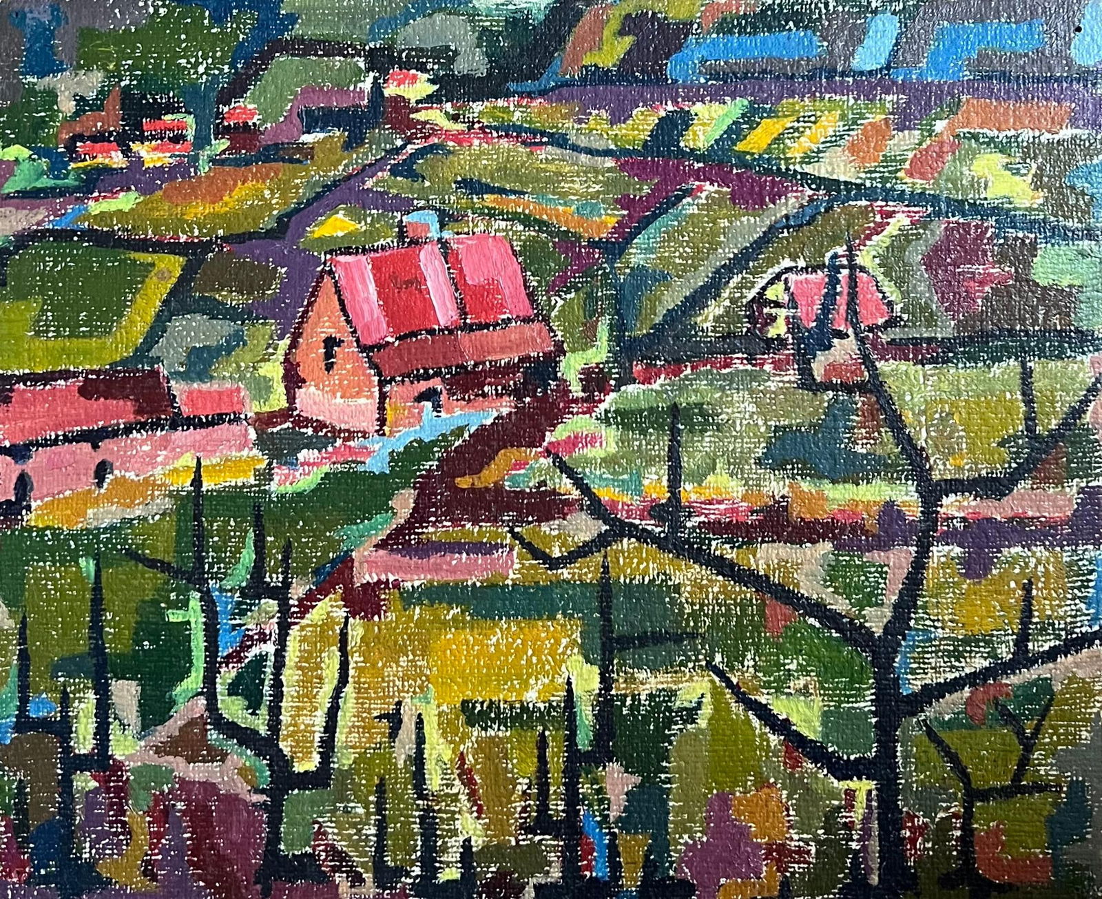 Raymond Guidot; French Modernist 1960's Oil Painting Cubist Village Landscape - 13