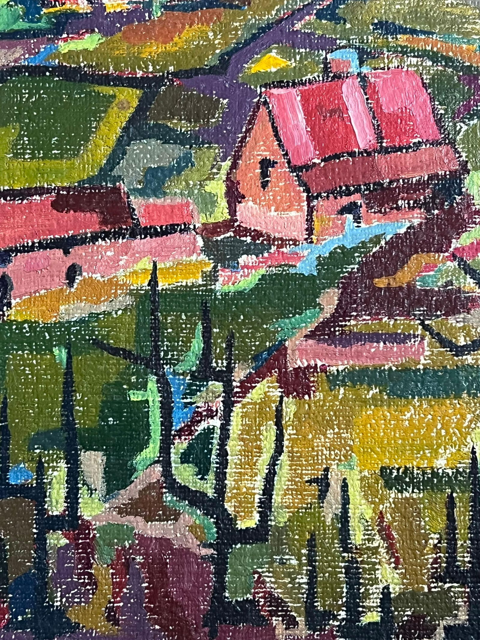 Raymond Guidot; French Modernist 1960's Oil Painting Cubist Village Landscape - 15