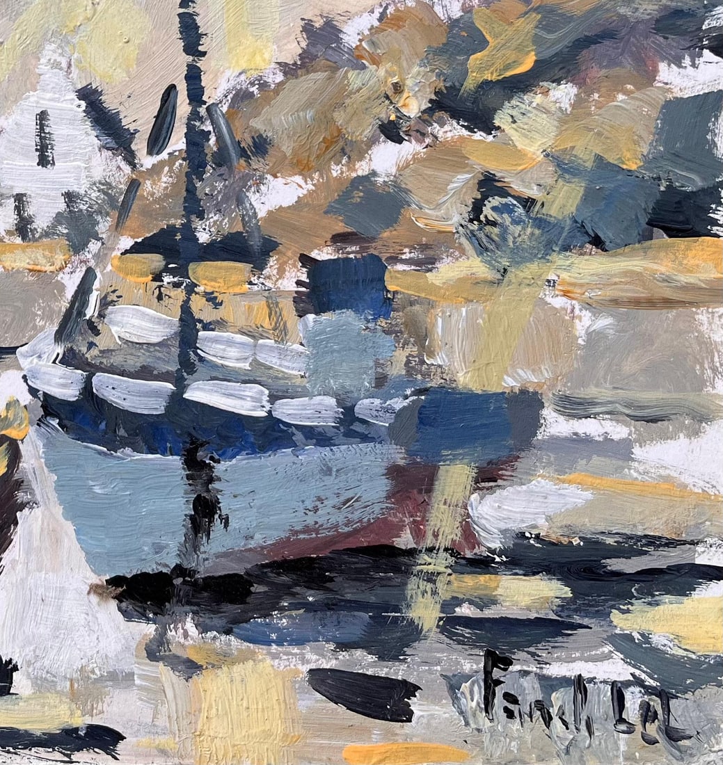 Fanch Lel; Impressionist Coastal Fishing Village with Moored Boats in Ouessant in Brittany, 2008 - 10