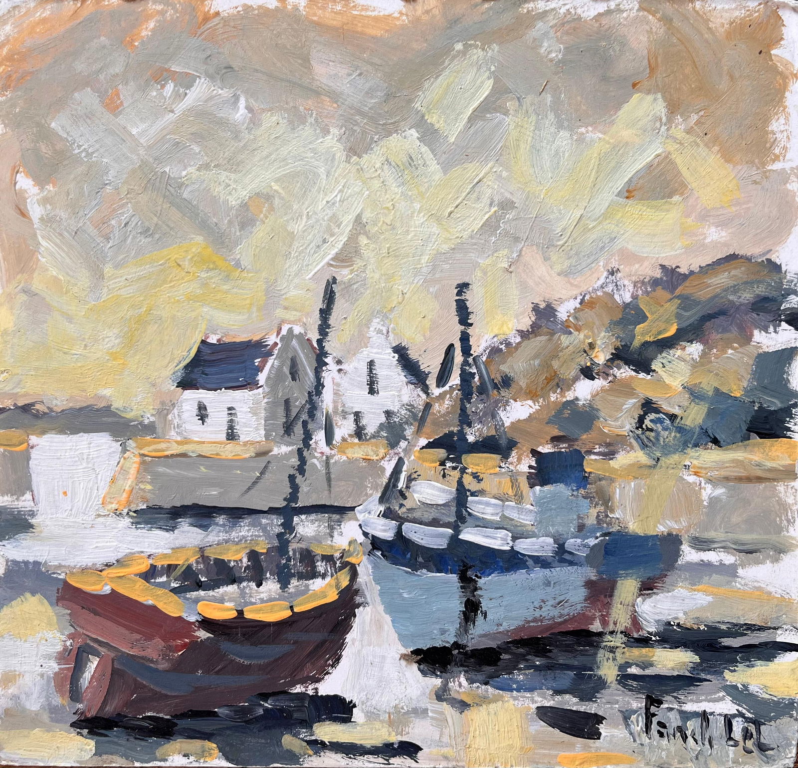 Fanch Lel; Impressionist Coastal Fishing Village with Moored Boats in Ouessant in Brittany, 2008 - 7