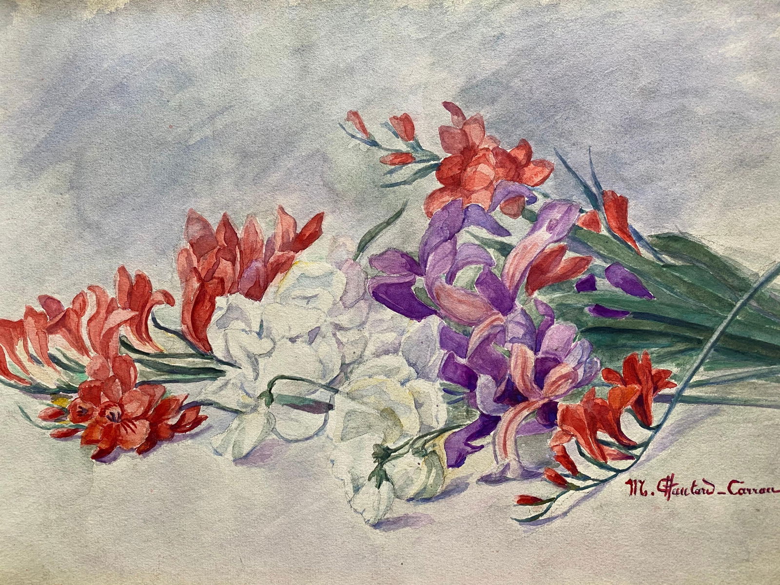 Early 1900's French Impressionist Signed Flower Watercolour by Marie Carreau, circa 1900s - 2