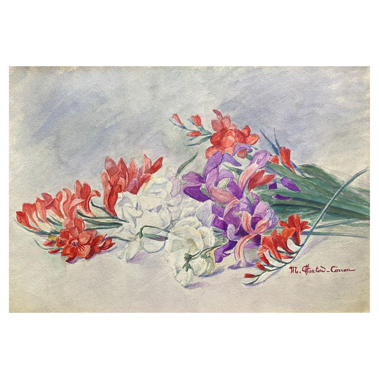 Early 1900's French Impressionist Signed Flower Watercolour by Marie Carreau, circa 1900s - 7