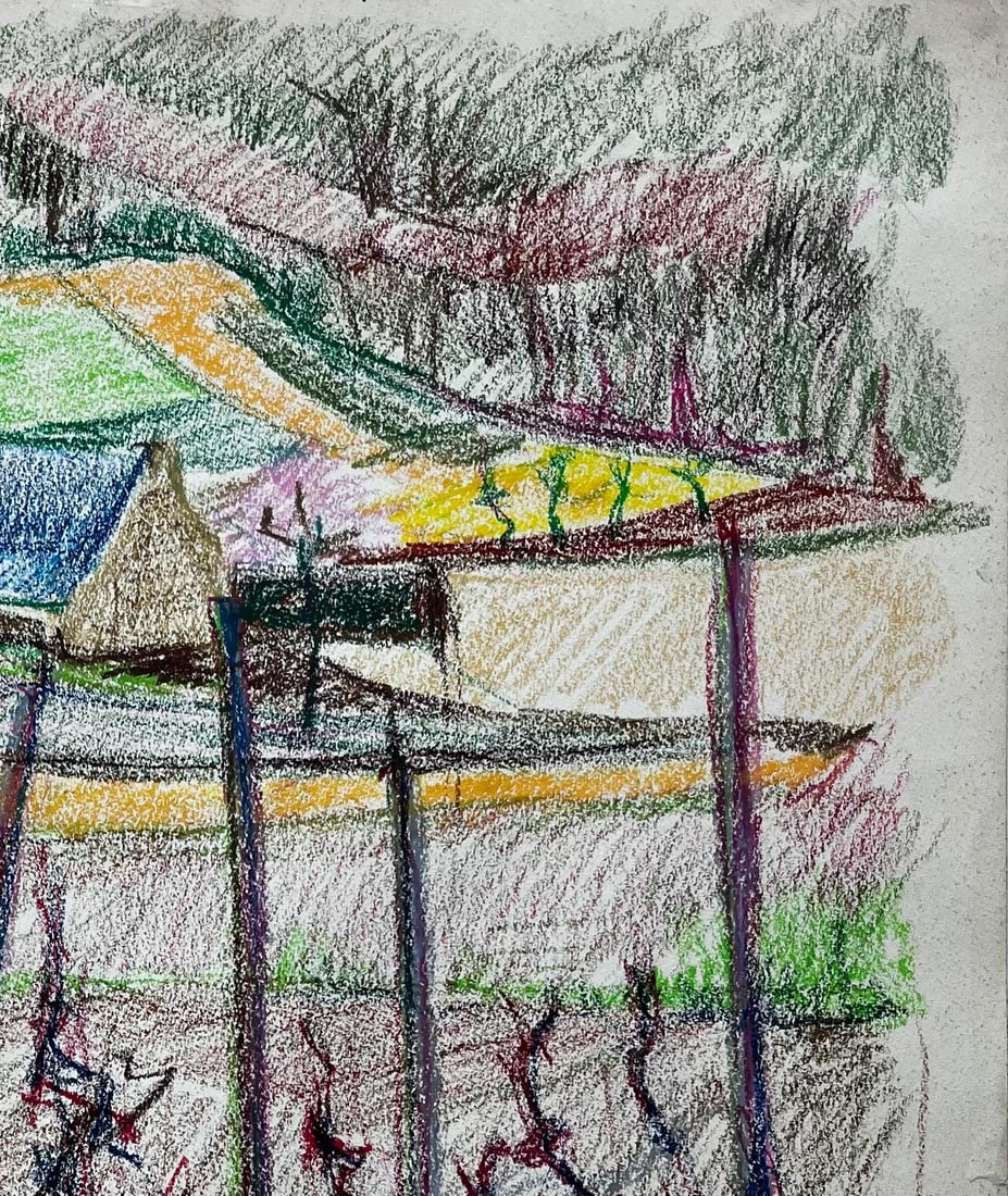 Guy Nicod; French Vineyard Landscape with Blue Roofs and Bare Vines Pastel Drawing - 7