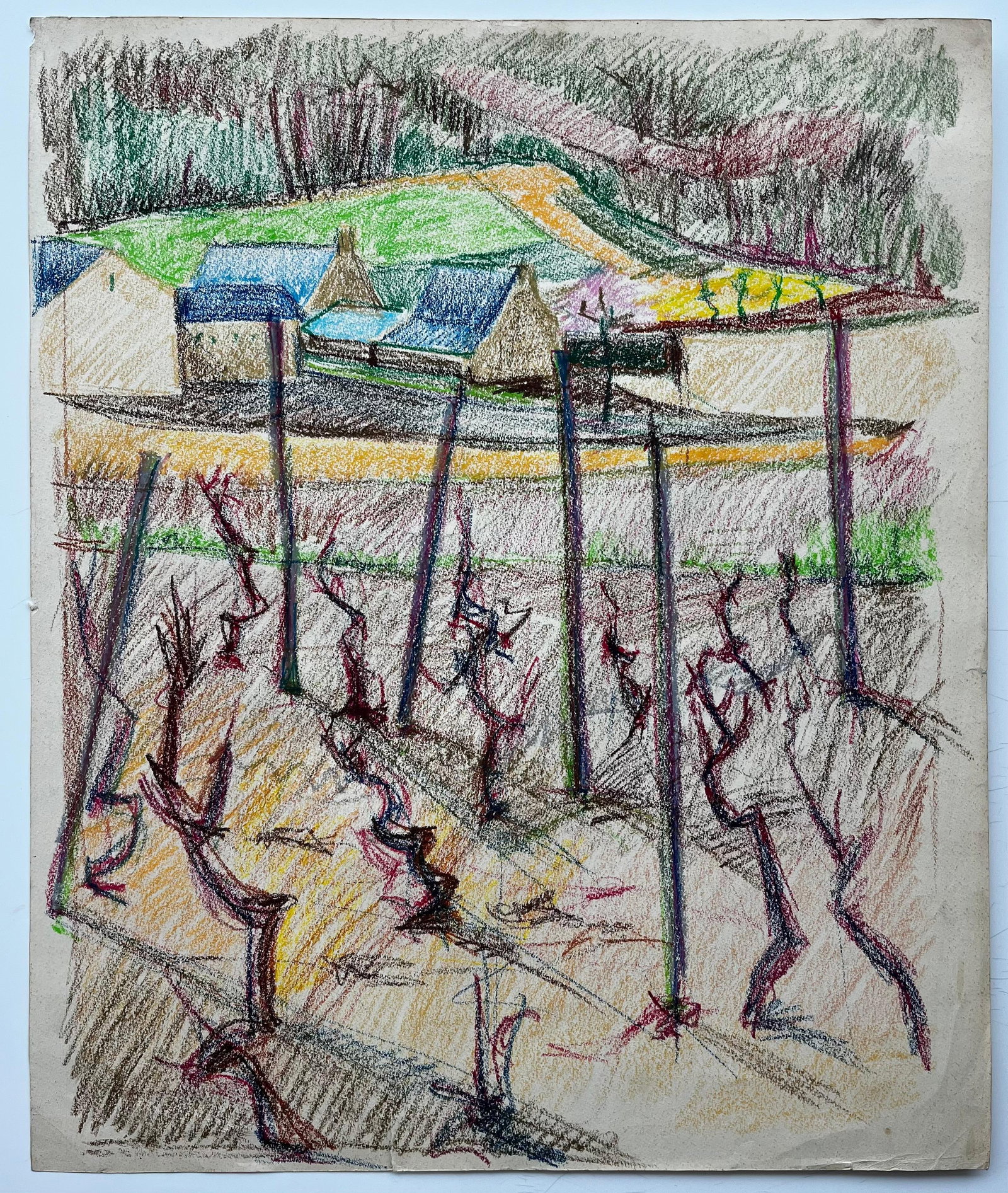 Guy Nicod; French Vineyard Landscape with Blue Roofs and Bare Vines Pastel Drawing - 13