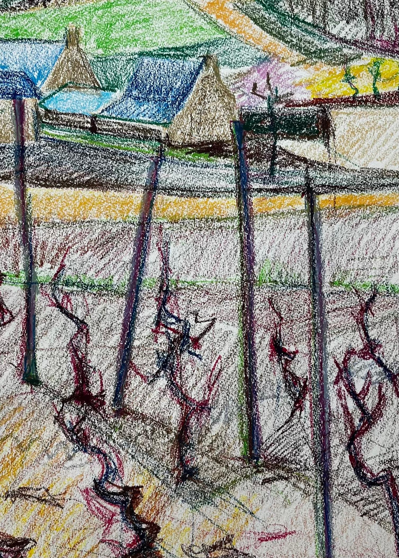 Guy Nicod; French Vineyard Landscape with Blue Roofs and Bare Vines Pastel Drawing - 2