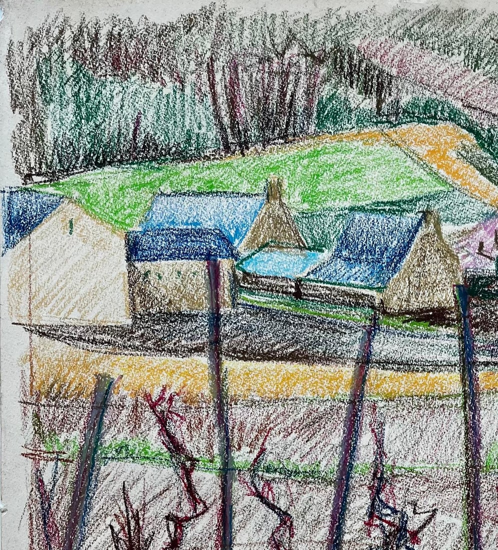 Guy Nicod; French Vineyard Landscape with Blue Roofs and Bare Vines Pastel Drawing - 6