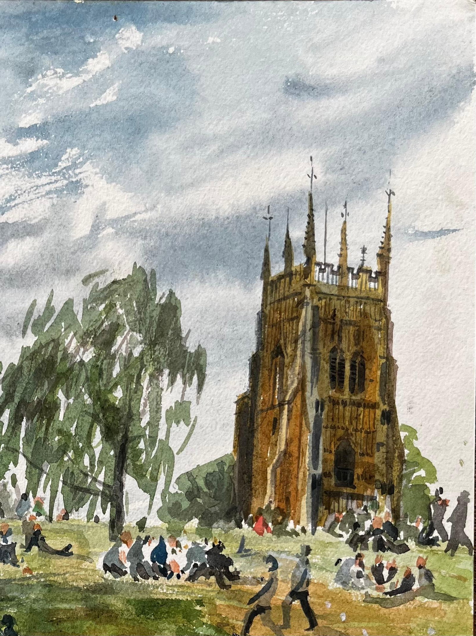 John Steane (b.1931); People Relaxing on the Green in Evesham with Church View British Watercolour - 17