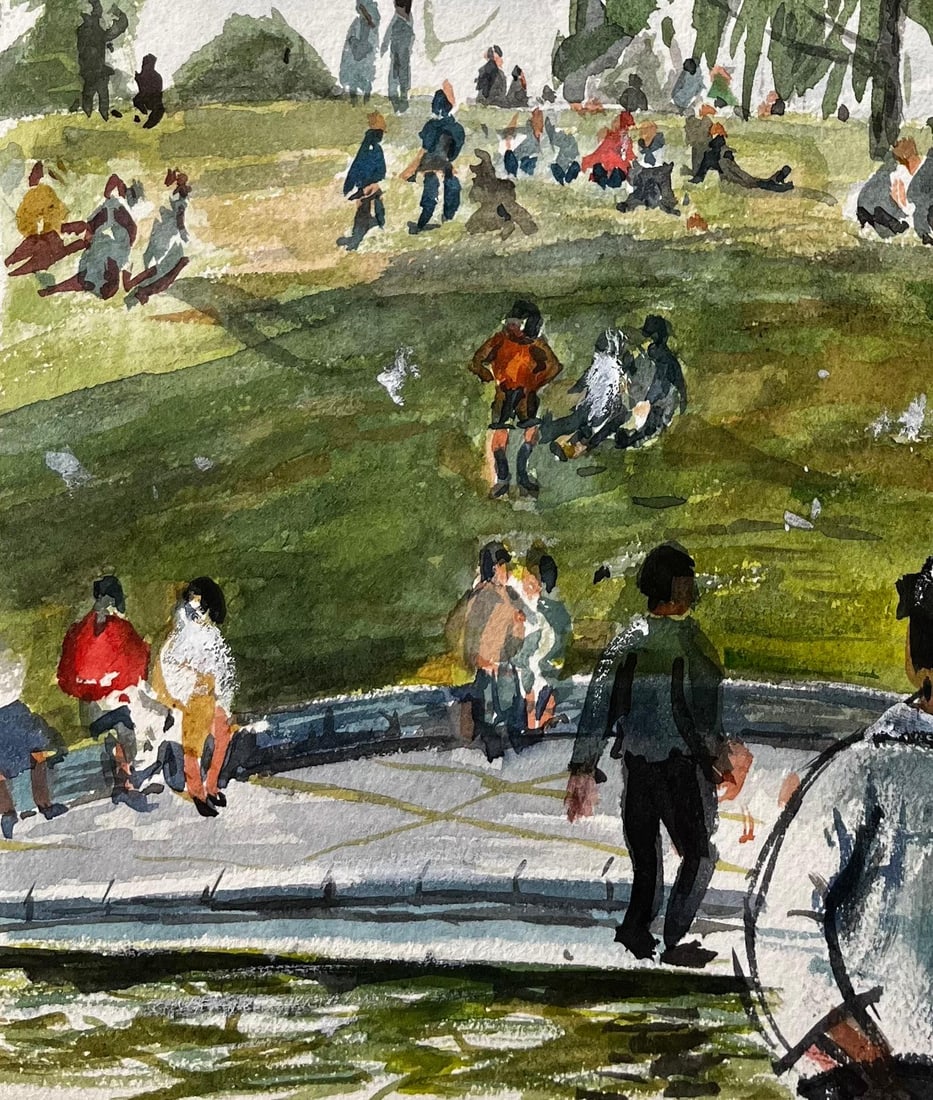 John Steane (b.1931); People Relaxing on the Green in Evesham with Church View British Watercolour - 2