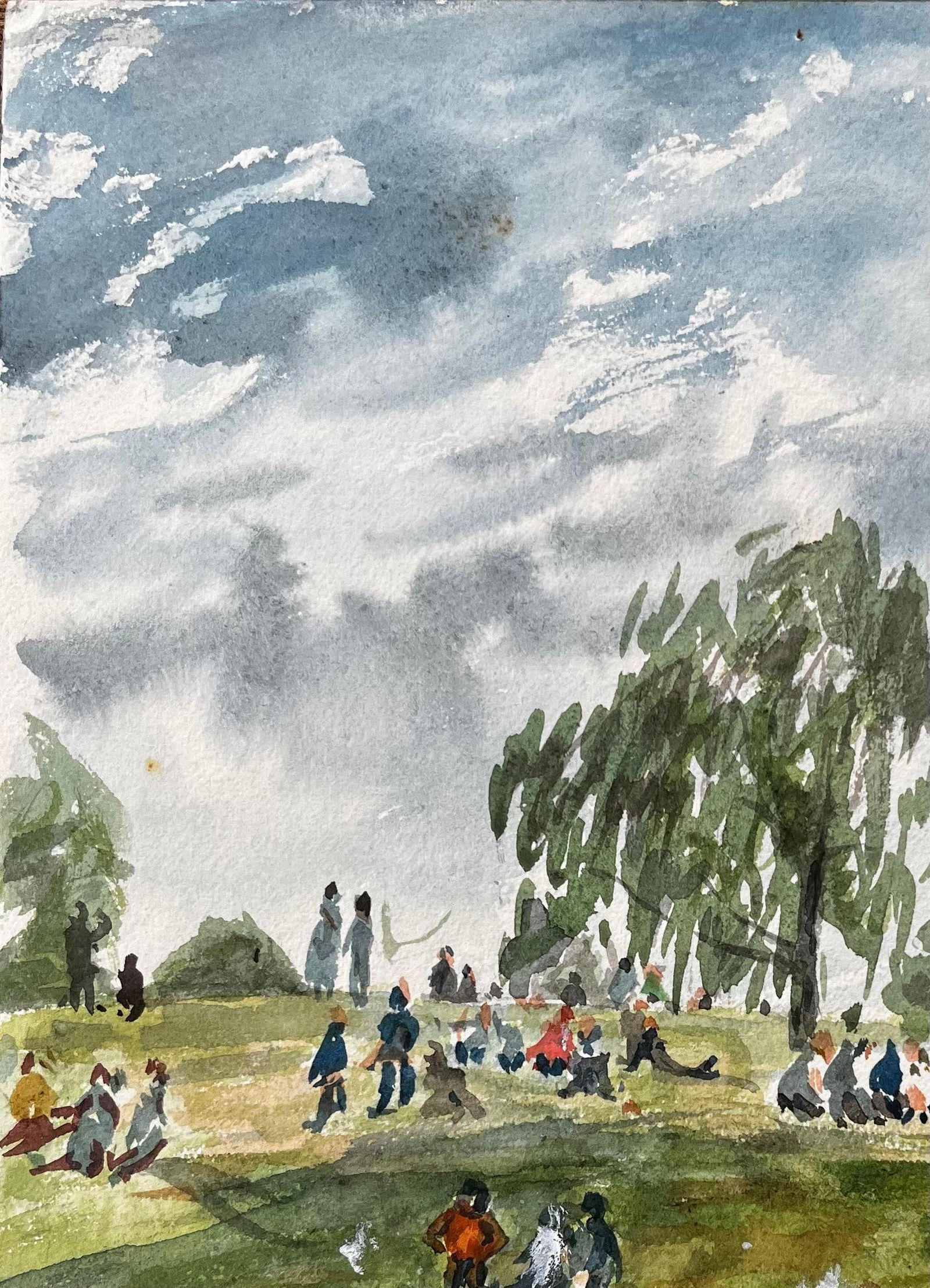 John Steane (b.1931); People Relaxing on the Green in Evesham with Church View British Watercolour - 3