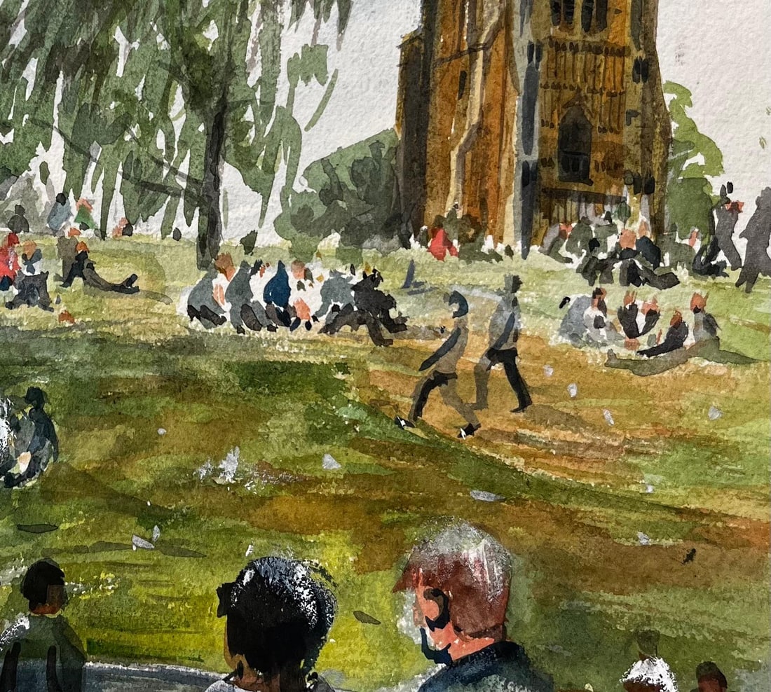 John Steane (b.1931); People Relaxing on the Green in Evesham with Church View British Watercolour - 4