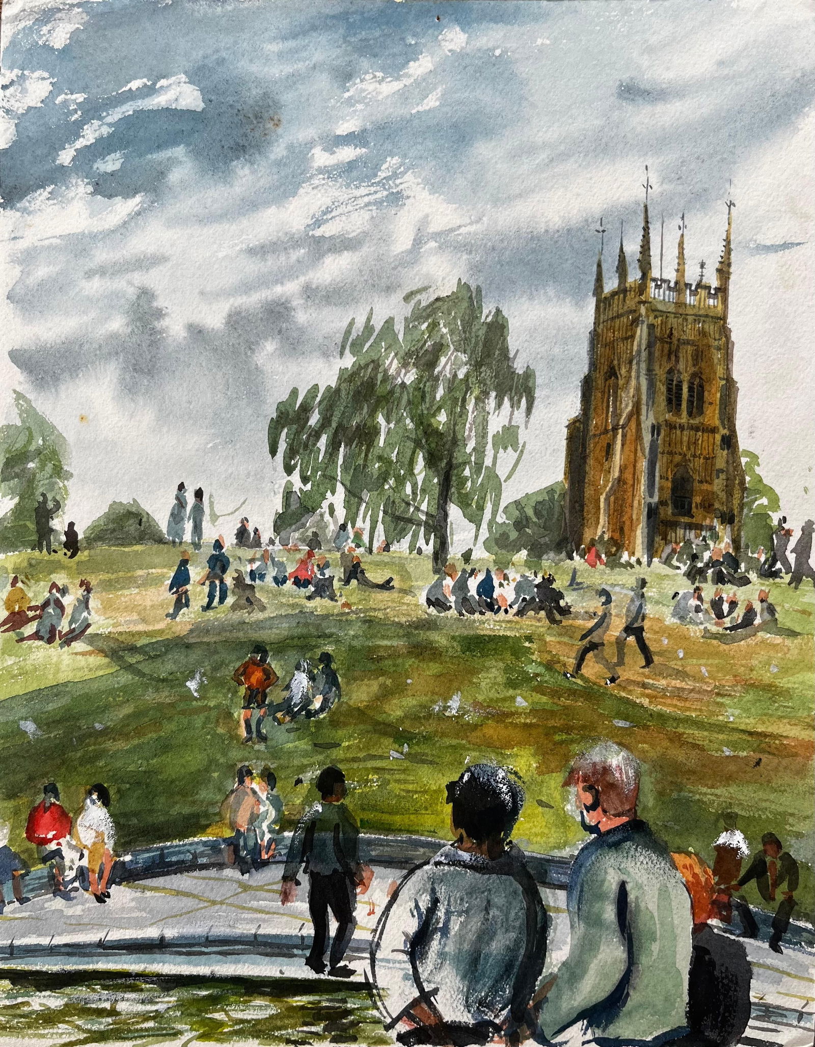 John Steane (b.1931); People Relaxing on the Green in Evesham with Church View British Watercolour - 7