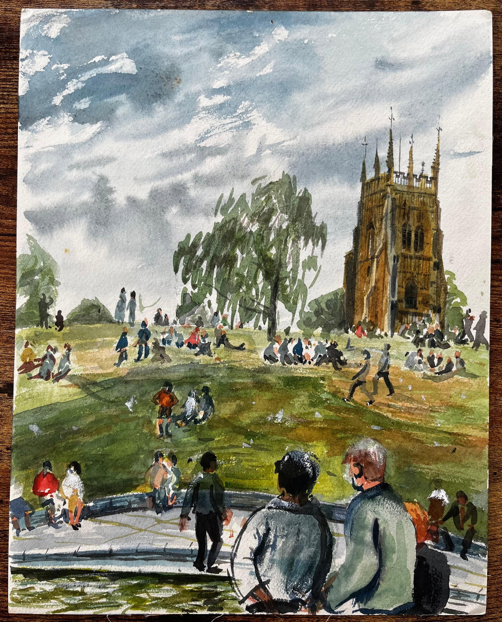John Steane (b.1931); People Relaxing on the Green in Evesham with Church View British Watercolour - 8