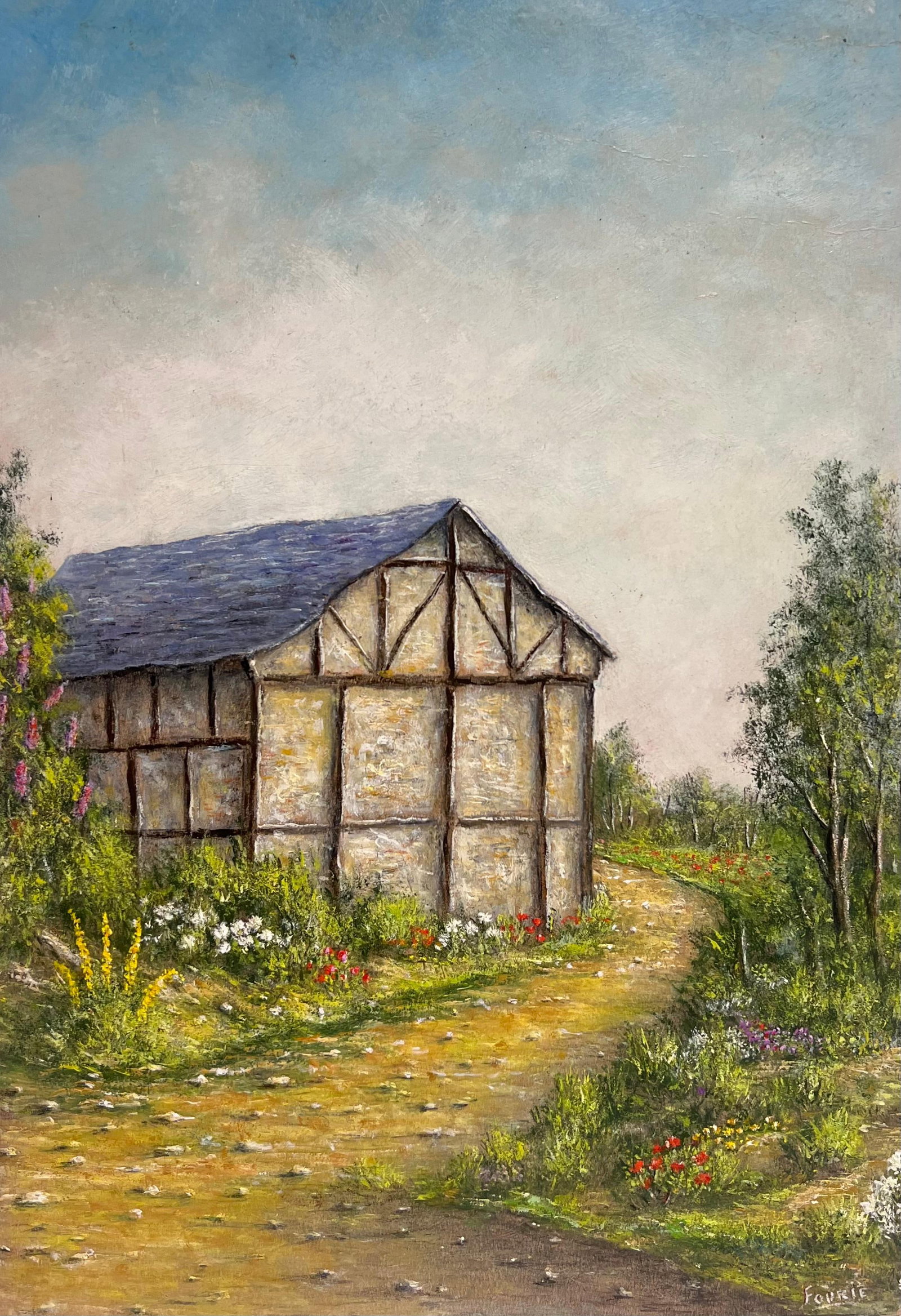 Jean Fourie; Timber - Framed Barn with Garden Flowers Along a Country Path Oil Painting - 7