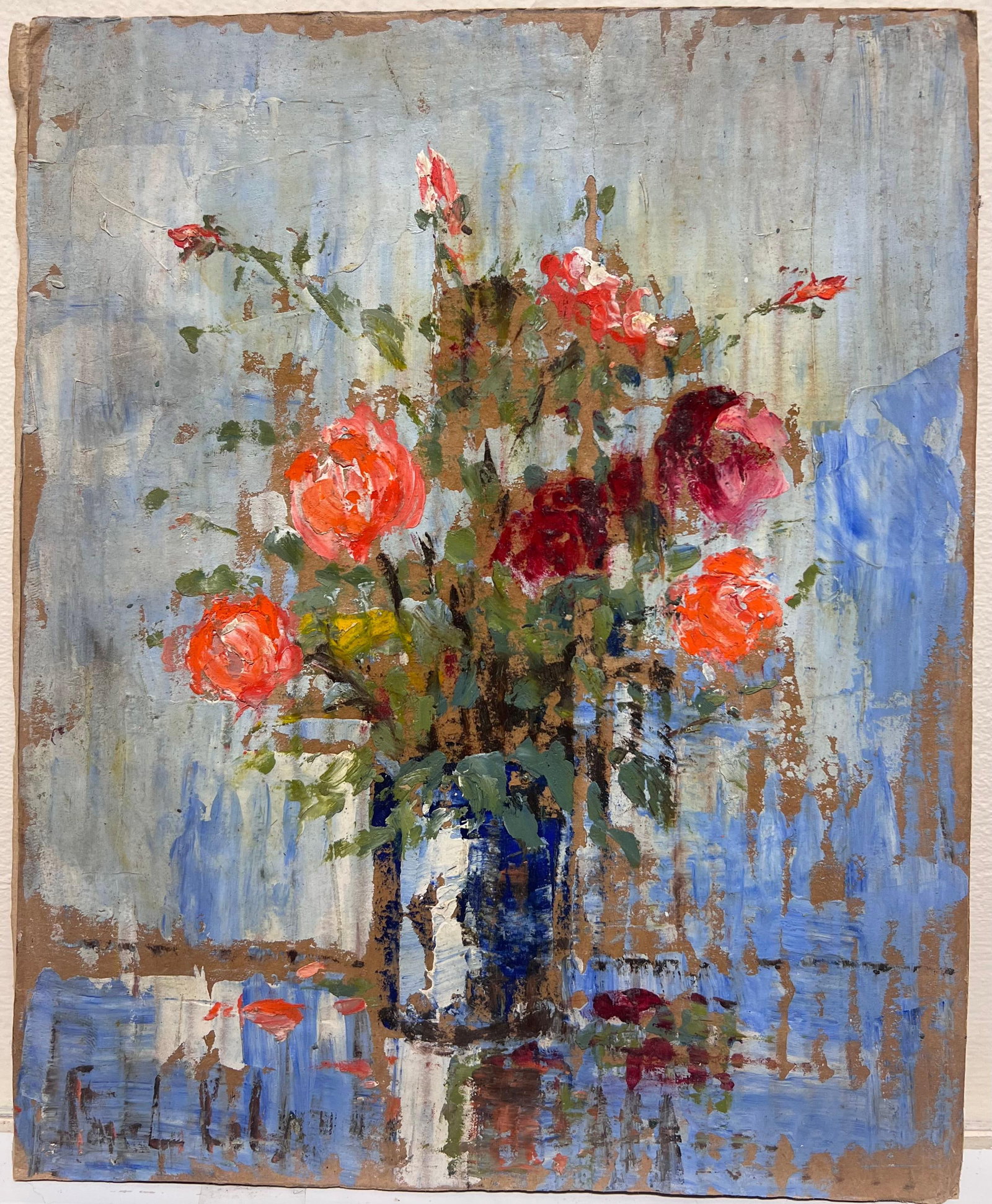 Fanch Lel; French Impressionist Vibrant Red Roses in a Rustic Blue Vase Still Life, 2000 - 15