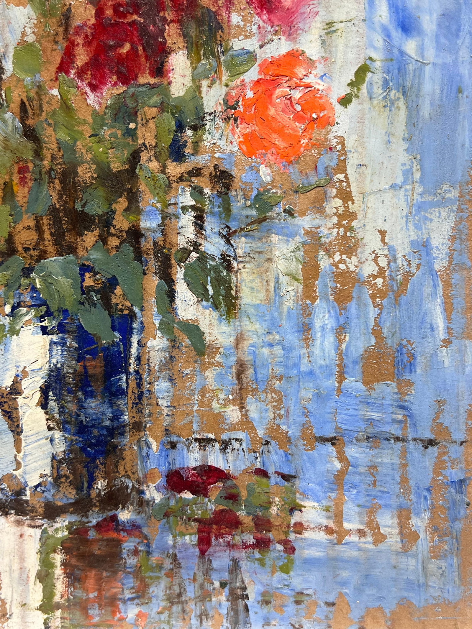 Fanch Lel; French Impressionist Vibrant Red Roses in a Rustic Blue Vase Still Life, 2000 - 19