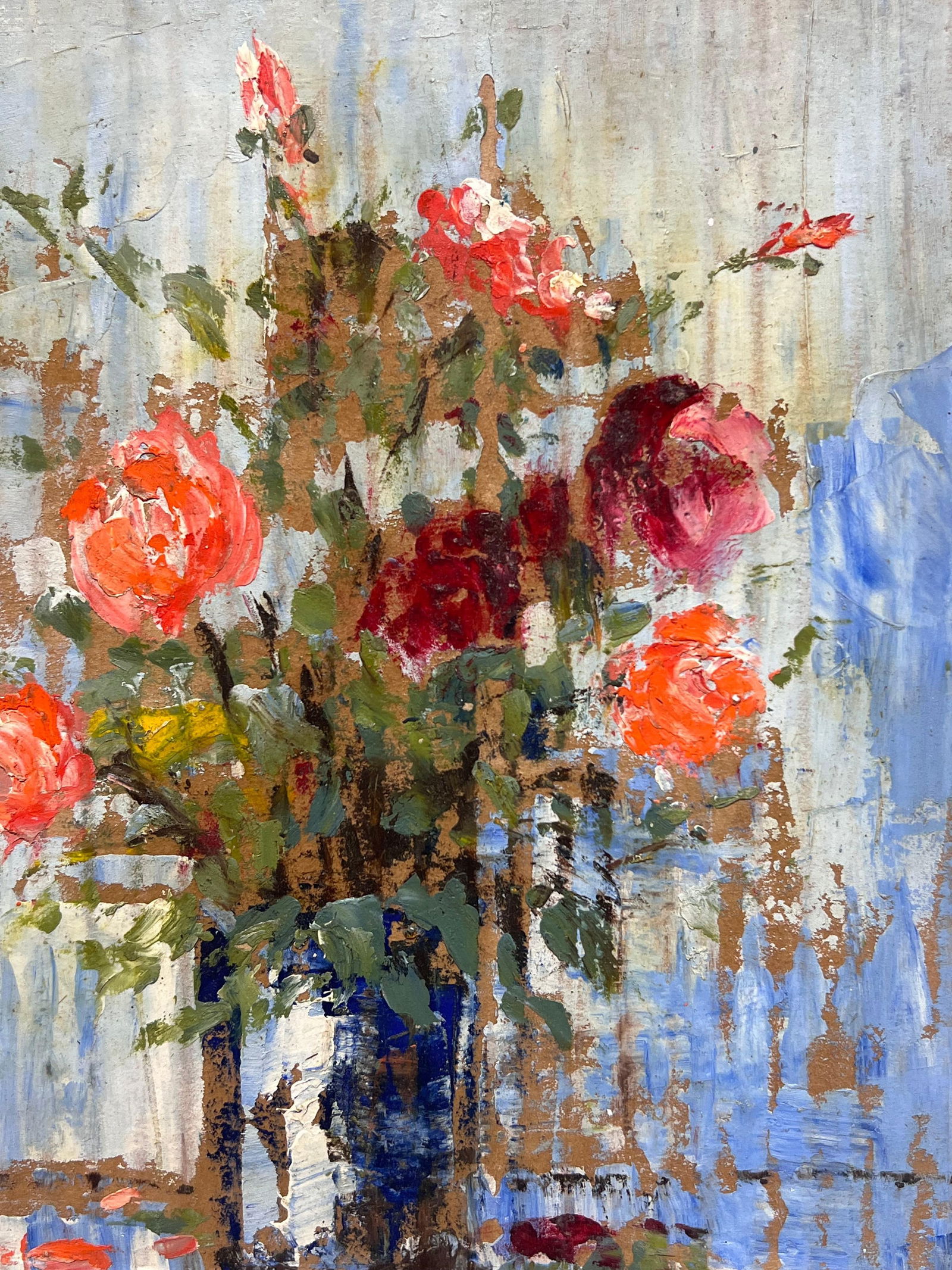 Fanch Lel; French Impressionist Vibrant Red Roses in a Rustic Blue Vase Still Life, 2000 - 2