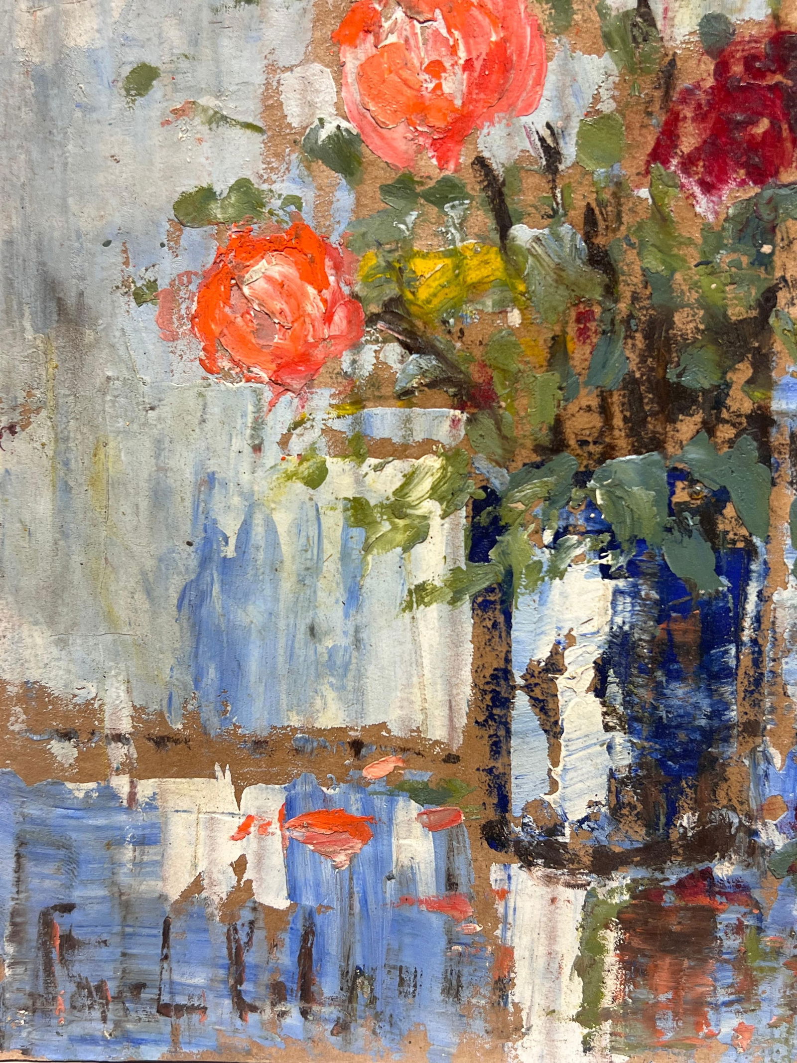 Fanch Lel; French Impressionist Vibrant Red Roses in a Rustic Blue Vase Still Life, 2000 - 3