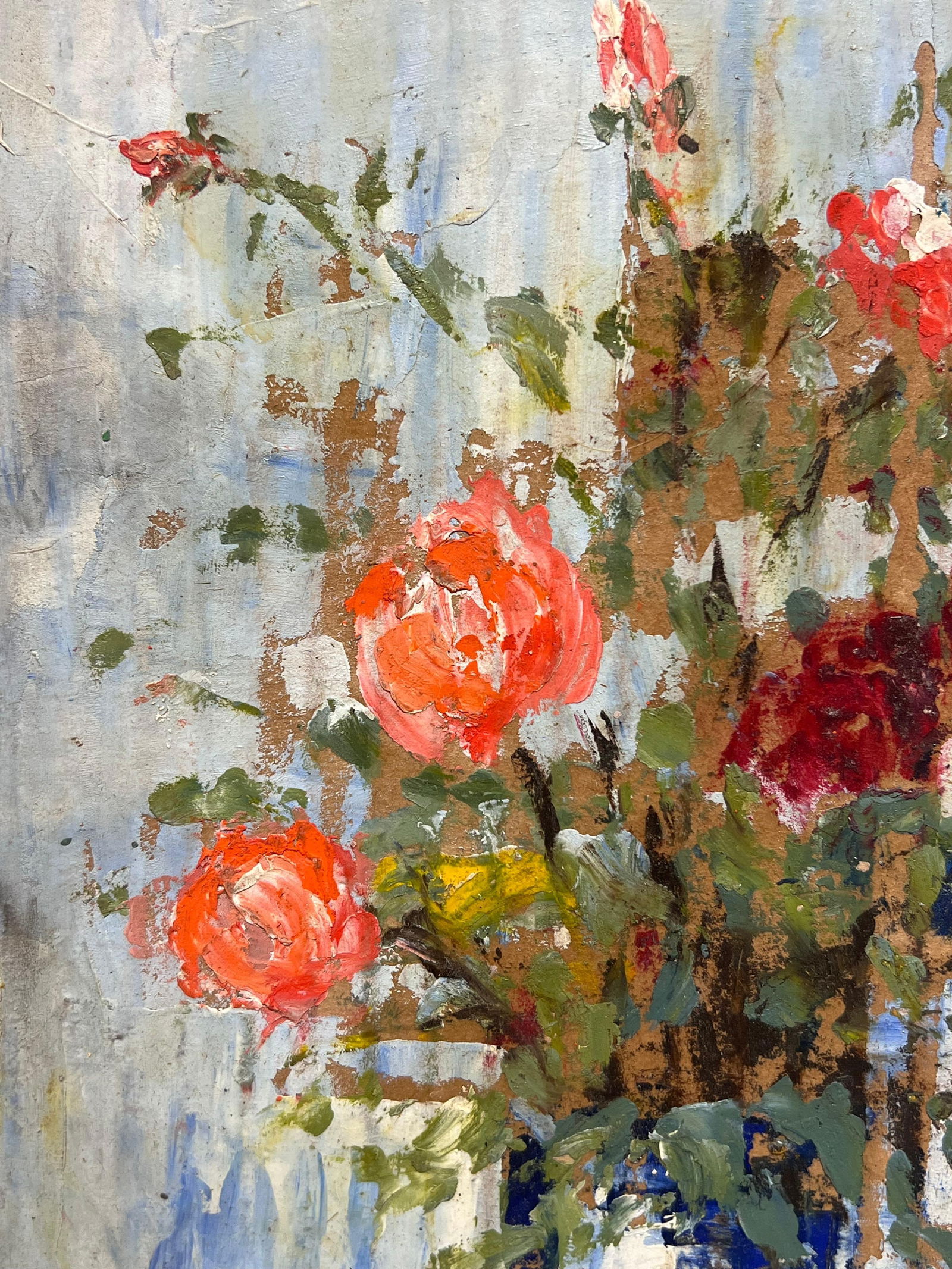 Fanch Lel; French Impressionist Vibrant Red Roses in a Rustic Blue Vase Still Life, 2000 - 4