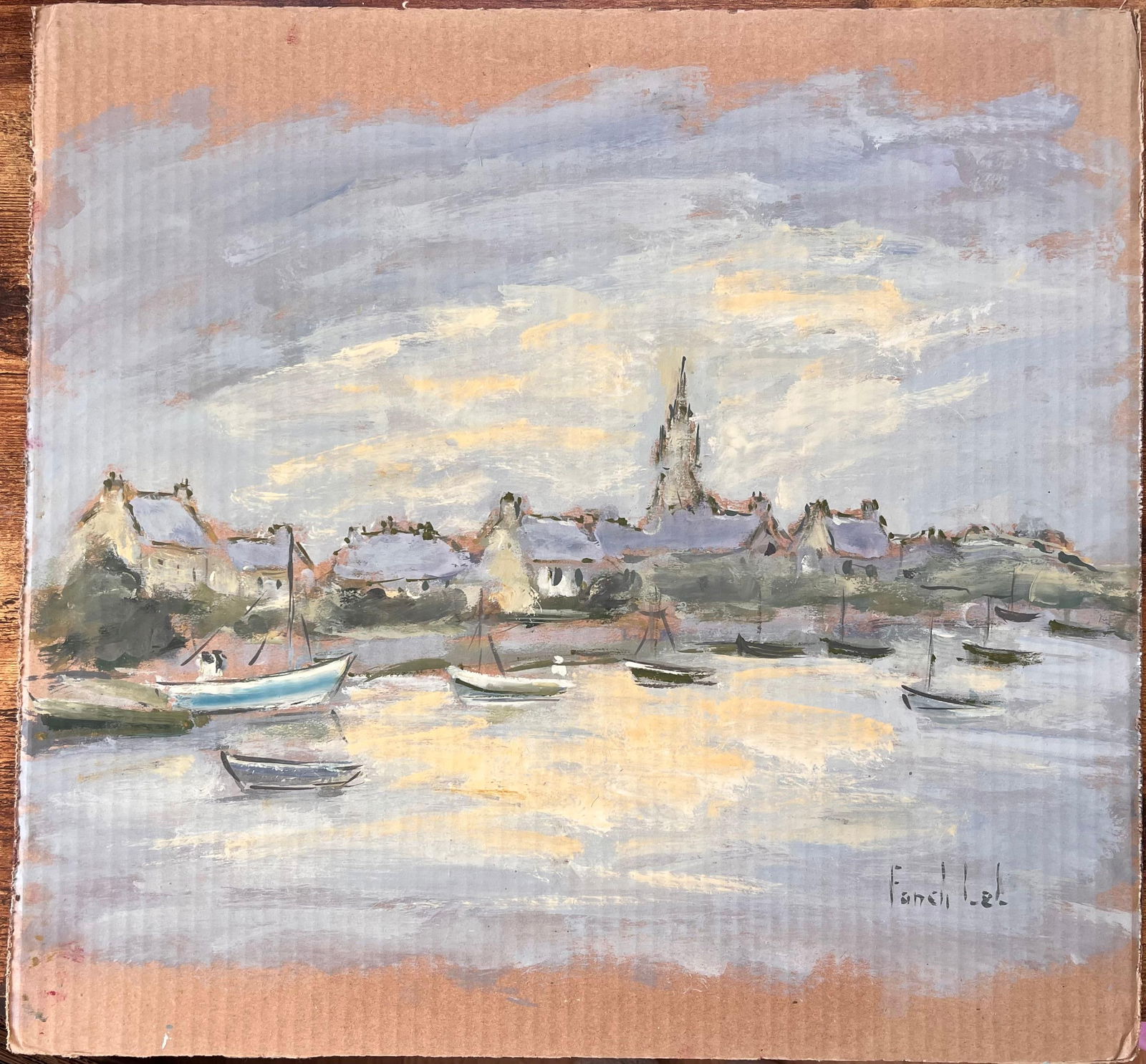 Fanch Lel; French Impressionist Village Harbour with Boats at Dusk by Fanch Lel - 14