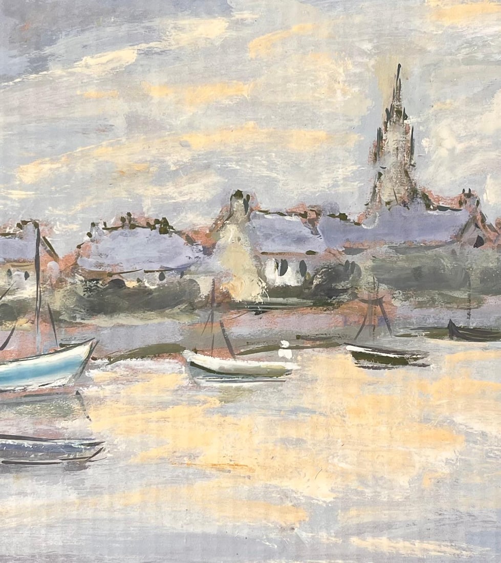Fanch Lel; French Impressionist Village Harbour with Boats at Dusk by Fanch Lel - 2