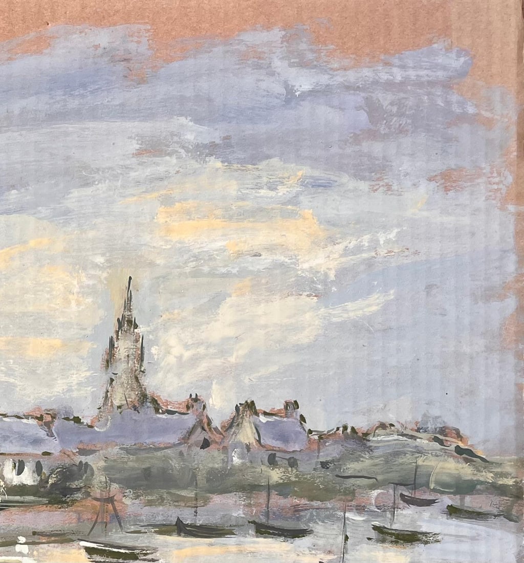 Fanch Lel; French Impressionist Village Harbour with Boats at Dusk by Fanch Lel - 5