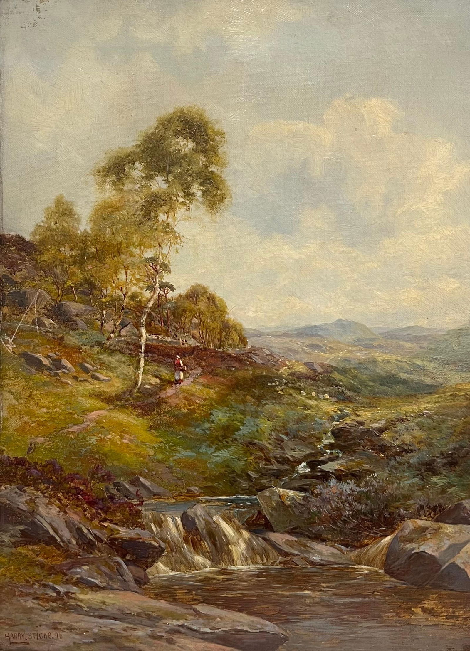 Harry Sticks; Fine Victorian British Oil Painting 1896 Figure Walking Highland River Pathway, 1896 - 5