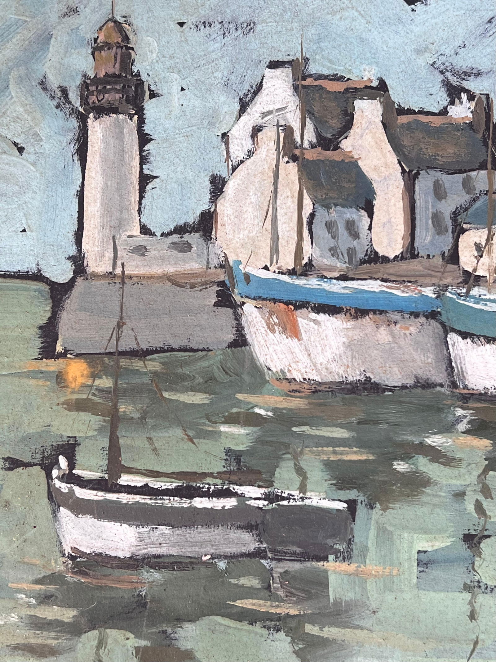 Fanch Lel; Quiet Grey Boat Harbour In Breton France French Framed Oil Landscape Painting - 9