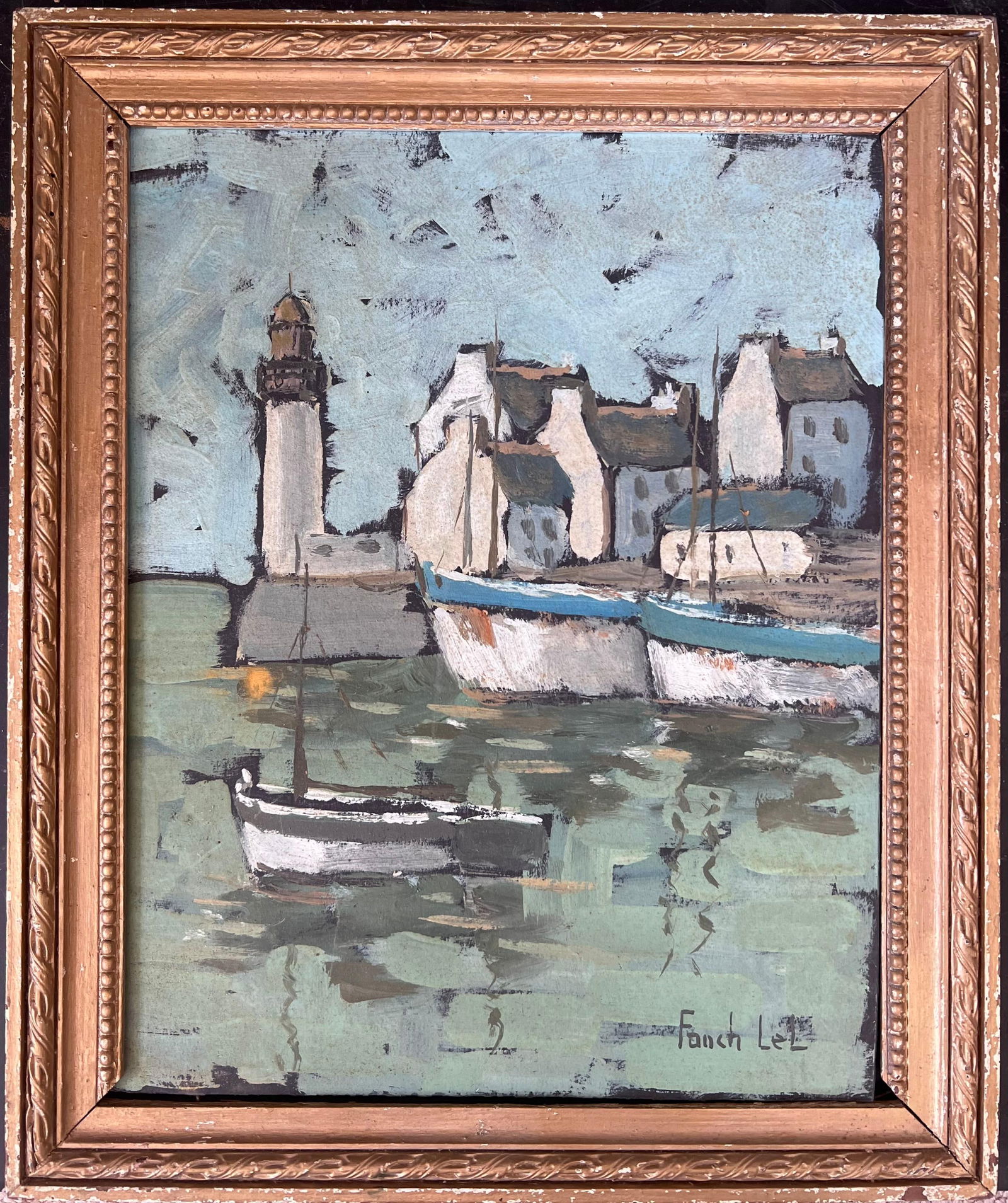 Fanch Lel; Quiet Grey Boat Harbour In Breton France French Framed Oil Landscape Painting - 13