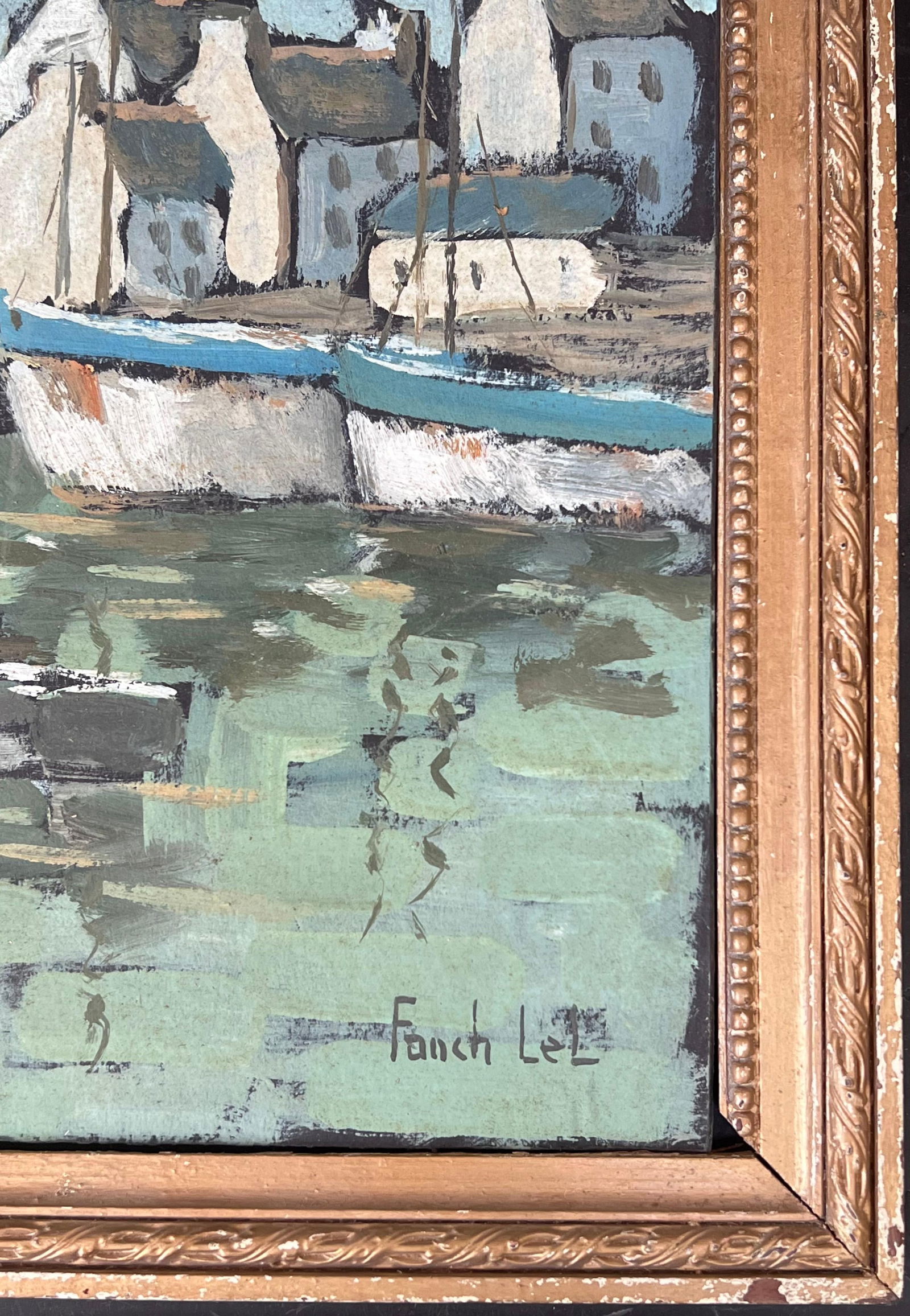 Fanch Lel; Quiet Grey Boat Harbour In Breton France French Framed Oil Landscape Painting - 2