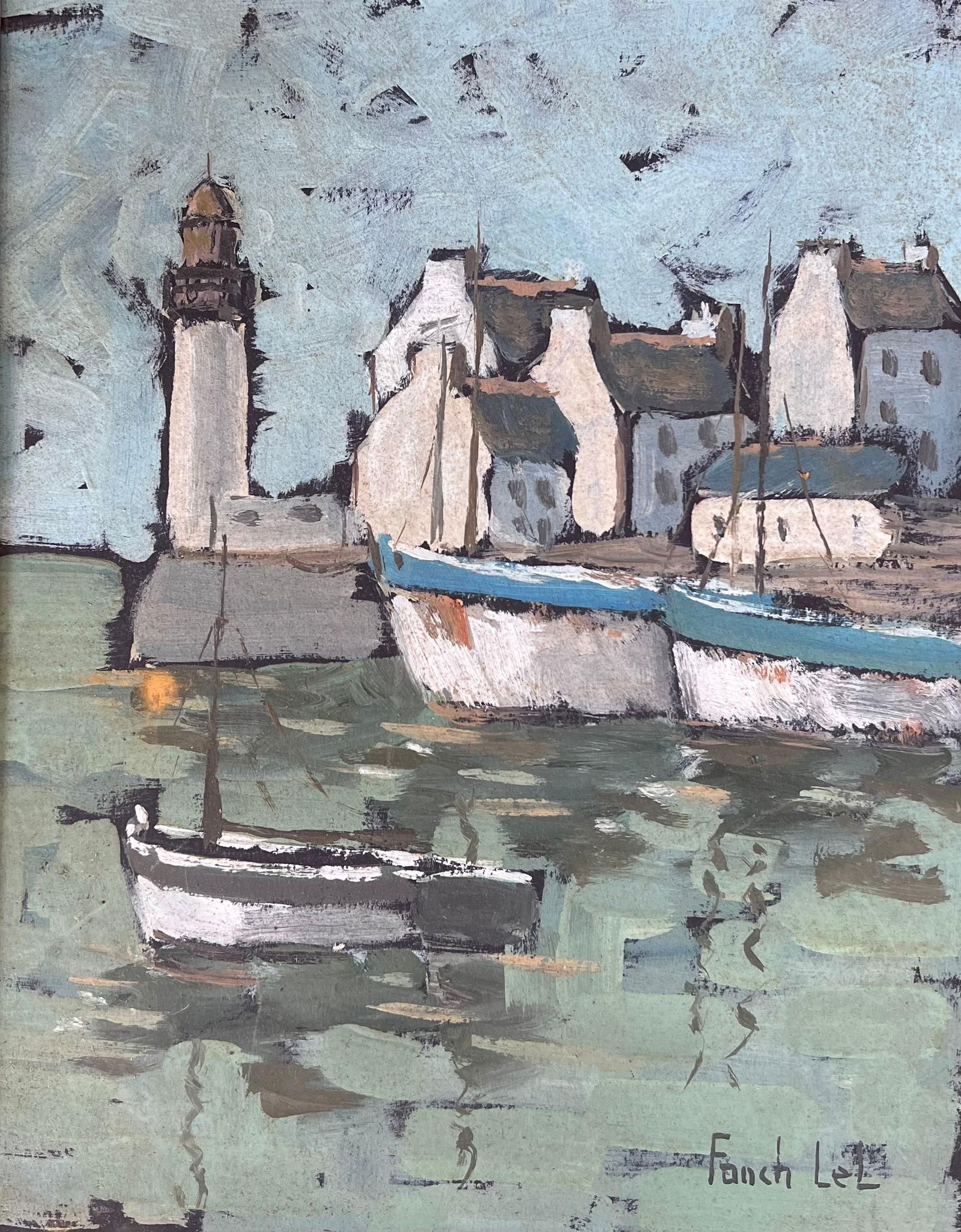 Fanch Lel; Quiet Grey Boat Harbour In Breton France French Framed Oil Landscape Painting - 5