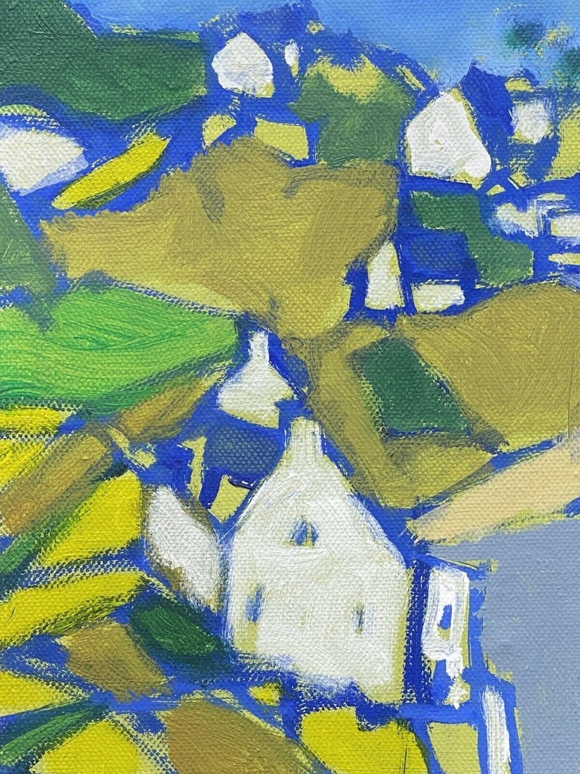 Leroy, French Contemporary Cubist Painting, Green Pink & Blues Landscape, 2000s - 8