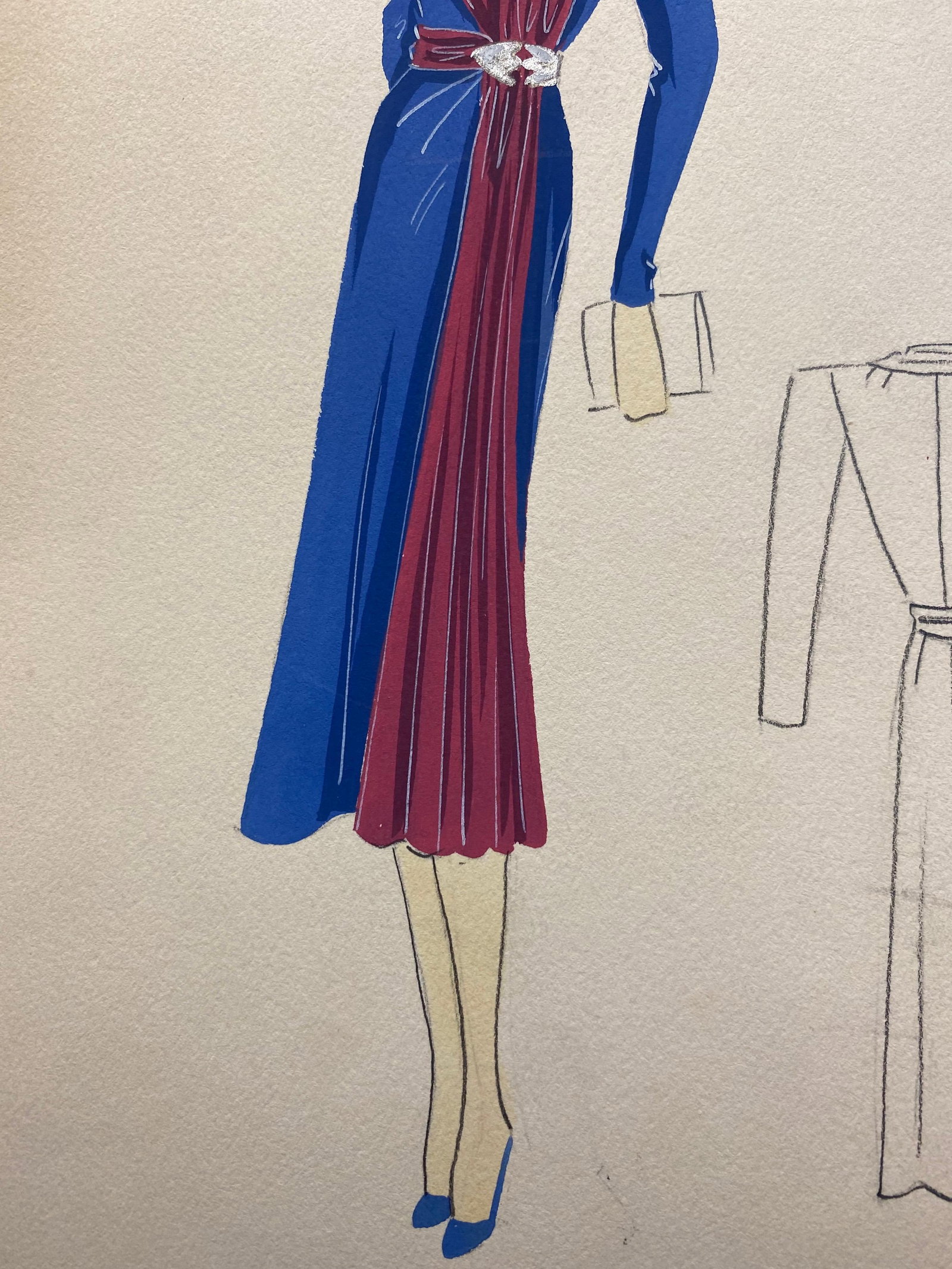 1930's Original Parisian Fashion Illustration Watercolor Pink and Blue Dress, circa 1930s - 11