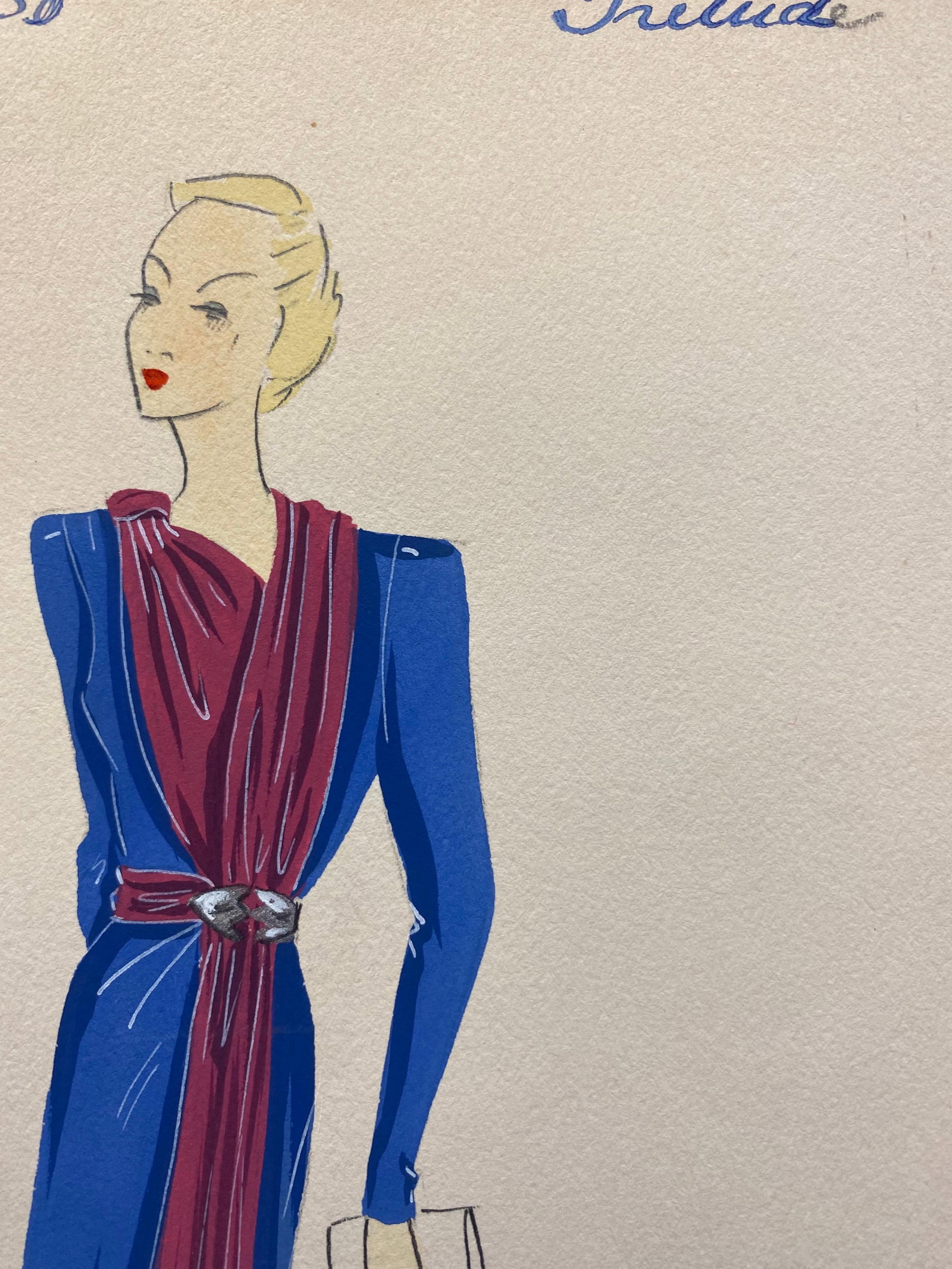 1930's Original Parisian Fashion Illustration Watercolor Pink and Blue Dress, circa 1930s - 14