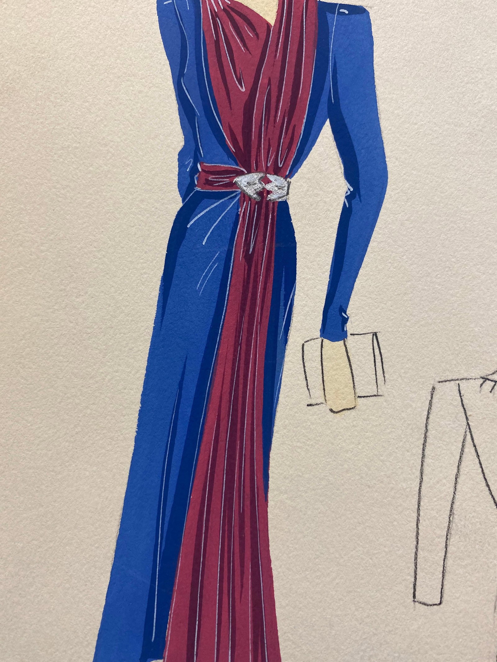 1930's Original Parisian Fashion Illustration Watercolor Pink and Blue Dress, circa 1930s - 19