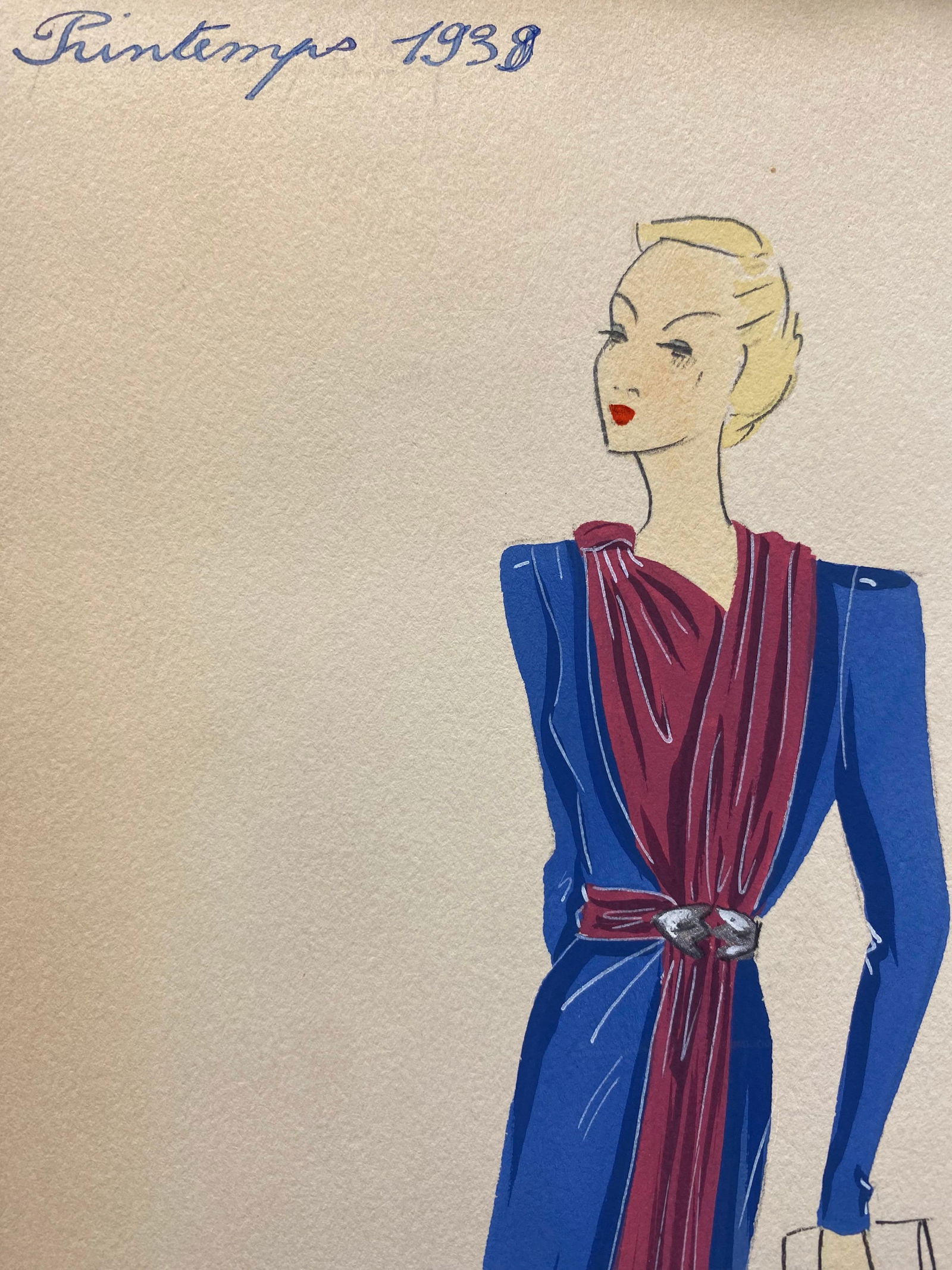 1930's Original Parisian Fashion Illustration Watercolor Pink and Blue Dress, circa 1930s - 4