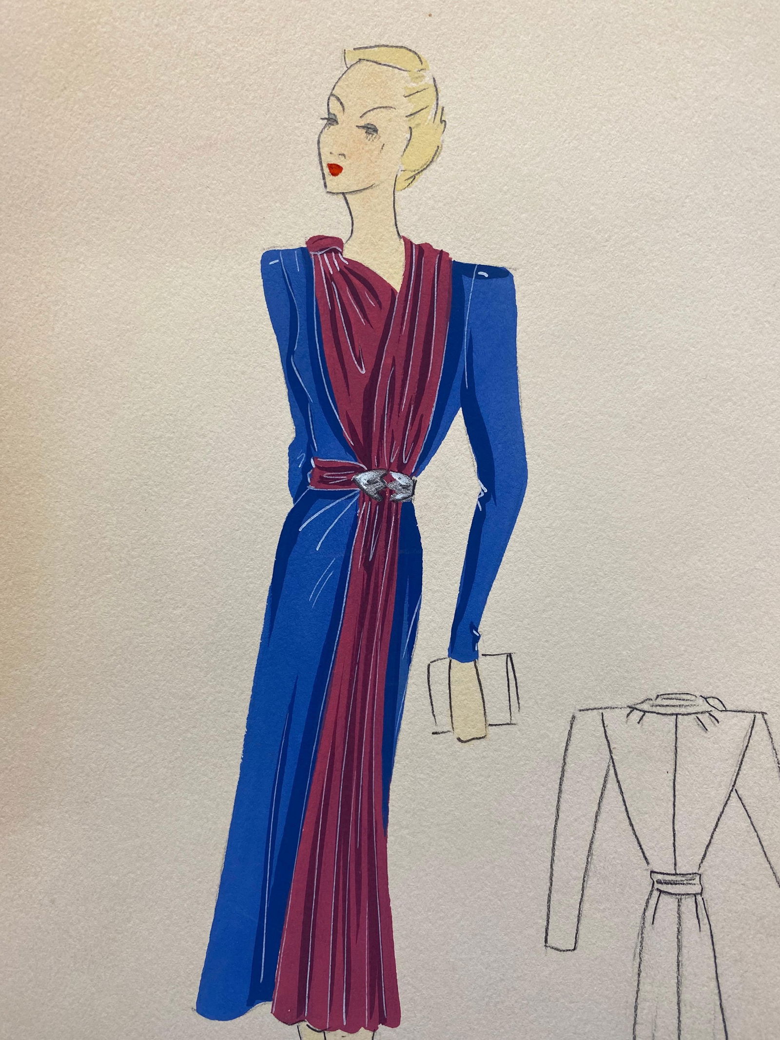1930's Original Parisian Fashion Illustration Watercolor Pink and Blue Dress, circa 1930s - 8