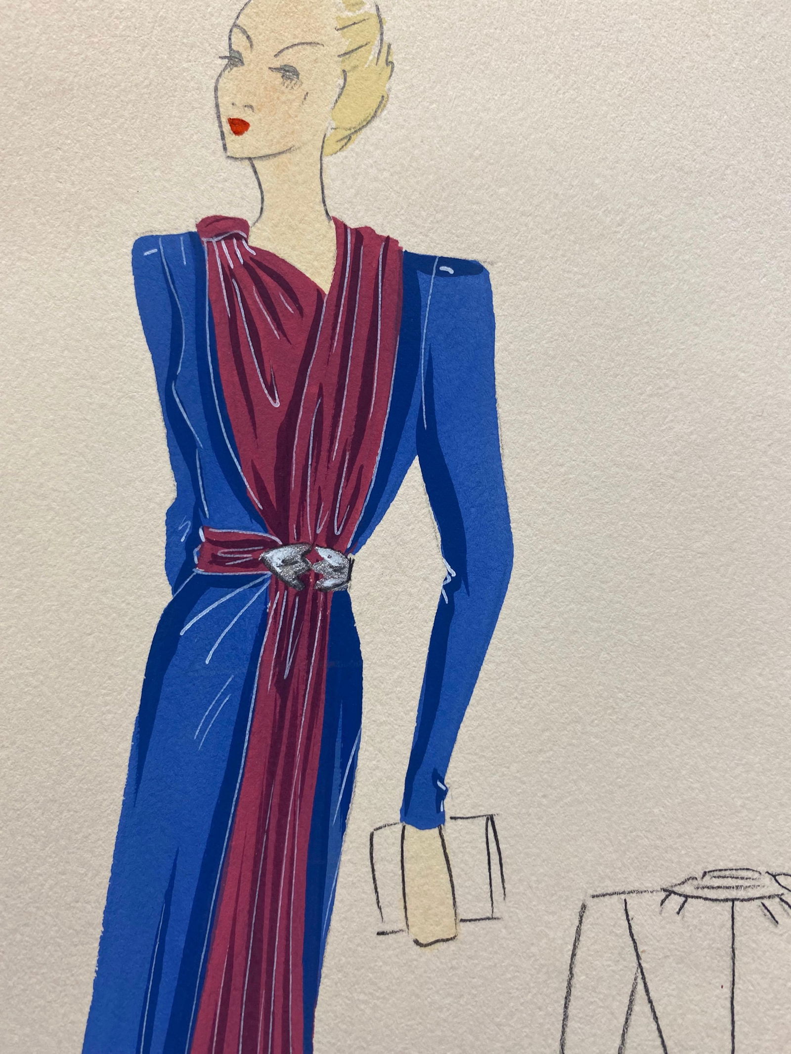 1930's Original Parisian Fashion Illustration Watercolor Pink and Blue Dress, circa 1930s - 9