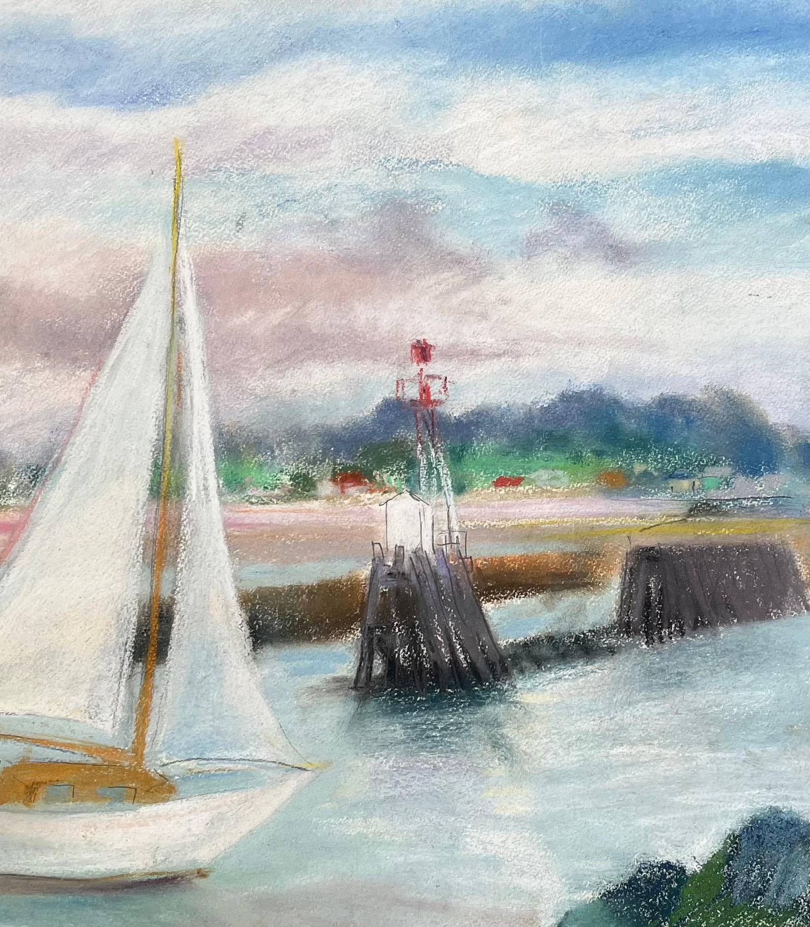 Anne Marie Migette Perard; Mid-20th Century Post-Impressionist Pastel of Sailboat and Lighthouse at - 10