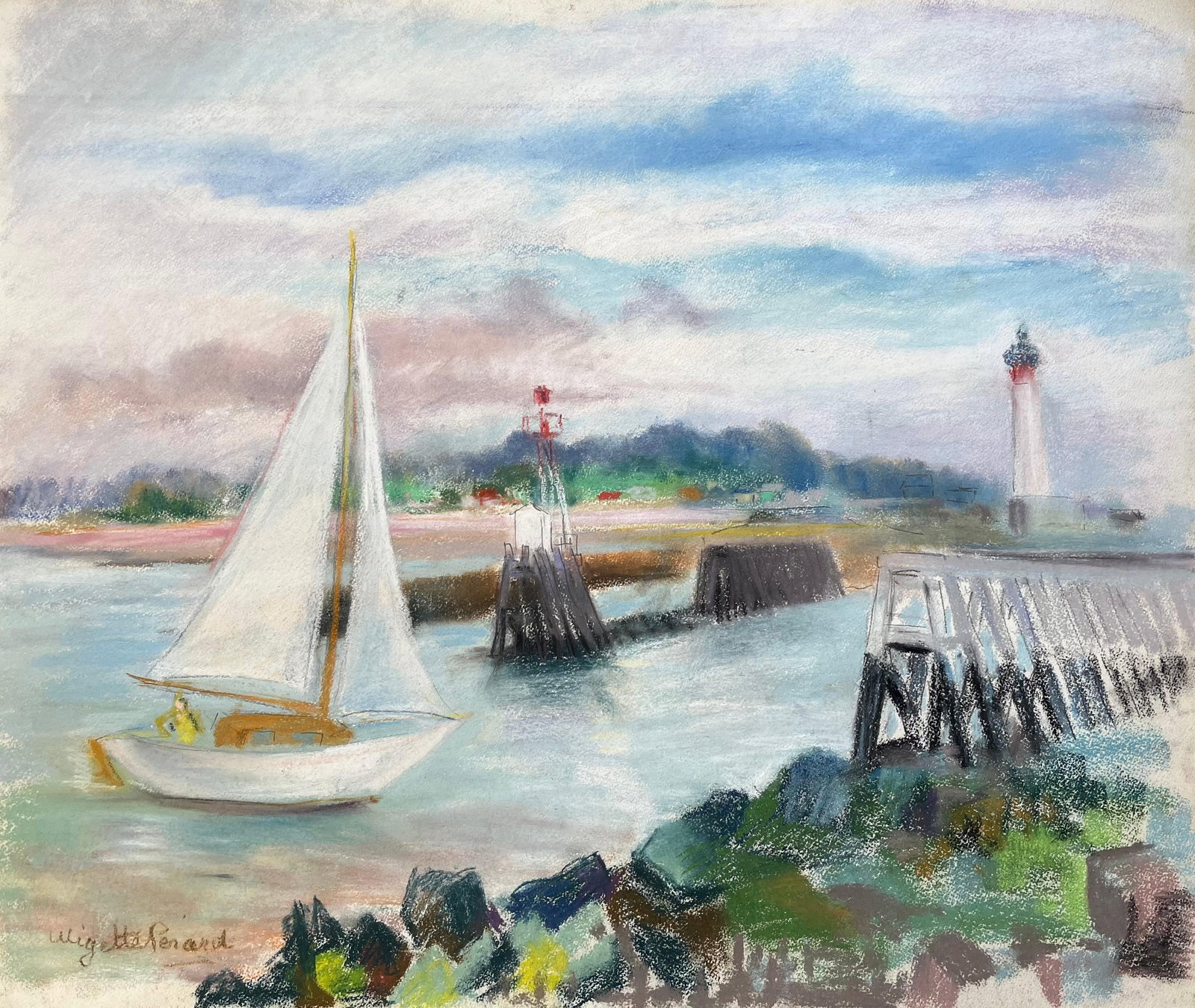 Anne Marie Migette Perard; Mid-20th Century Post-Impressionist Pastel of Sailboat and Lighthouse at - 12