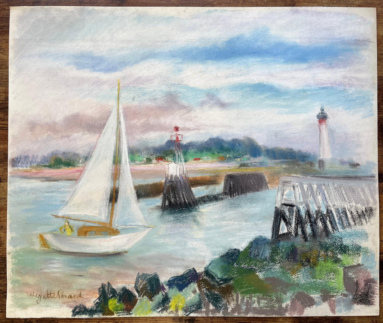 Anne Marie Migette Perard; Mid-20th Century Post-Impressionist Pastel of Sailboat and Lighthouse at - 13
