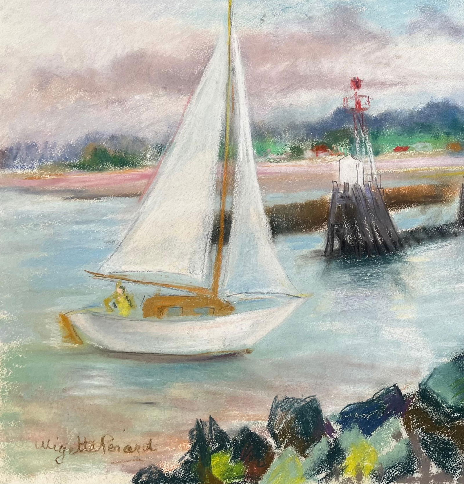 Anne Marie Migette Perard; Mid-20th Century Post-Impressionist Pastel of Sailboat and Lighthouse at - 6