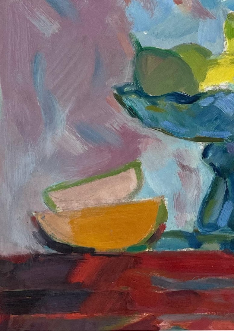Roland Pichard; Original Oil Painting of Vibrant Still Life with Fruit Bowl and Sliced Fruit - 11