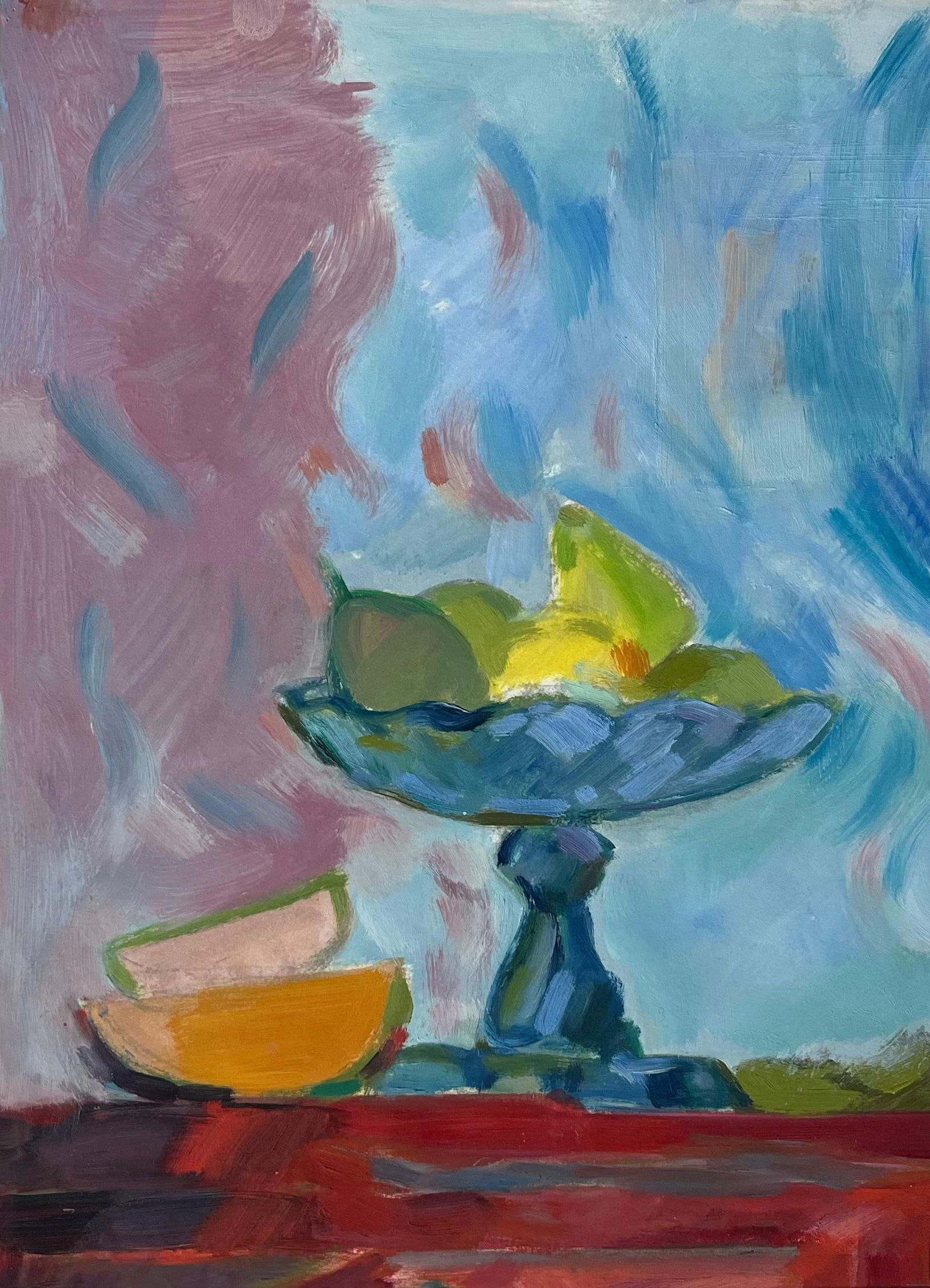 Roland Pichard; Original Oil Painting of Vibrant Still Life with Fruit Bowl and Sliced Fruit - 15