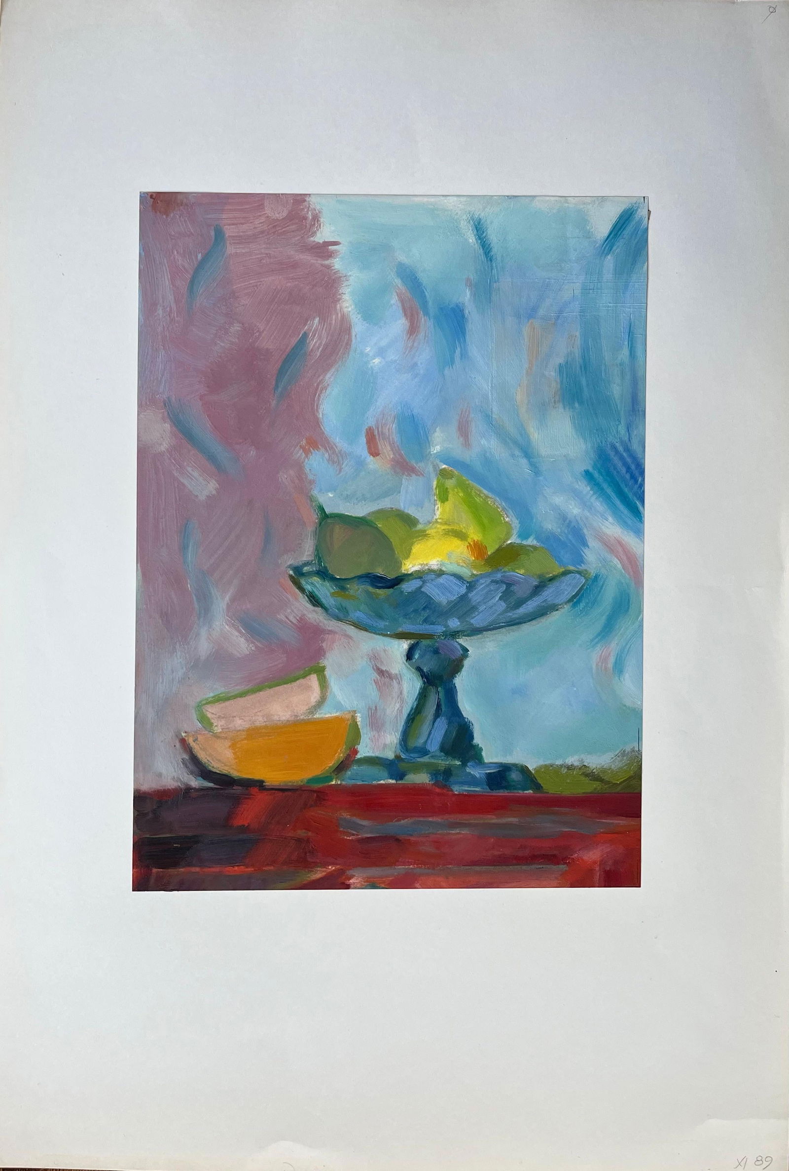 Roland Pichard; Original Oil Painting of Vibrant Still Life with Fruit Bowl and Sliced Fruit - 16