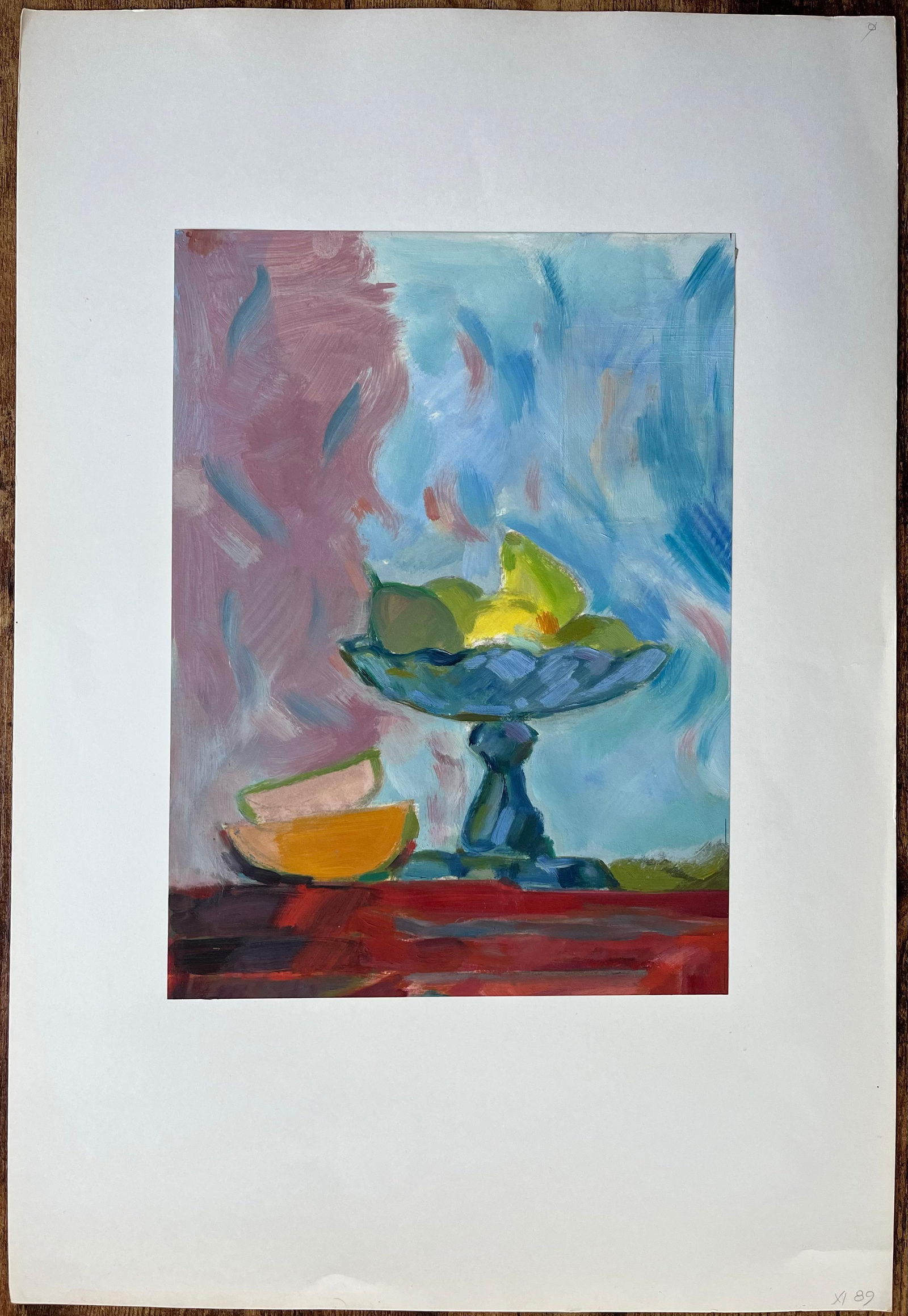 Roland Pichard; Original Oil Painting of Vibrant Still Life with Fruit Bowl and Sliced Fruit - 17