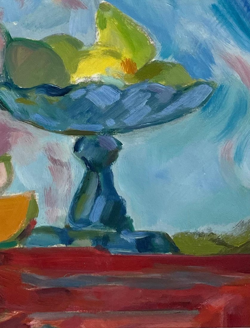 Roland Pichard; Original Oil Painting of Vibrant Still Life with Fruit Bowl and Sliced Fruit - 2