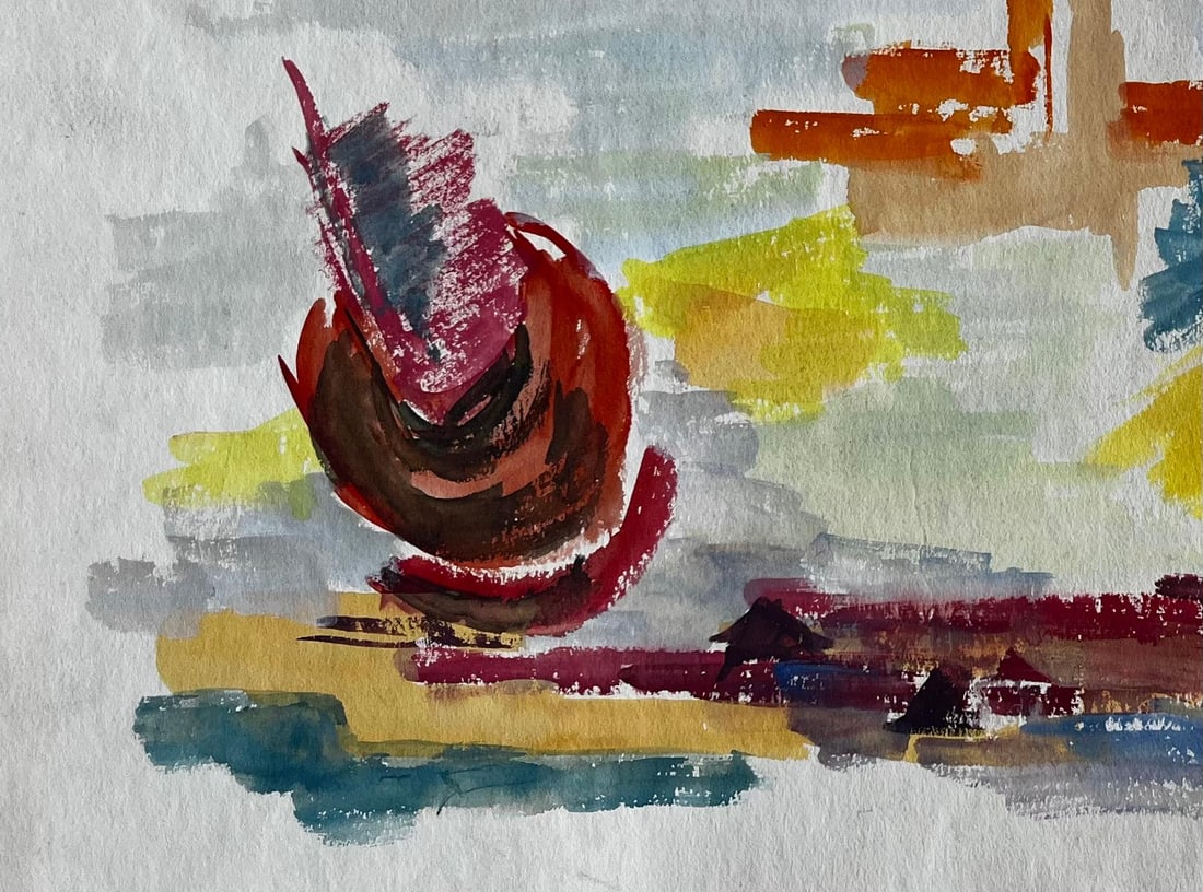 Guy Nicod; Abstract Landscape with Red Form and Cypress French Modernist Gouache - 7