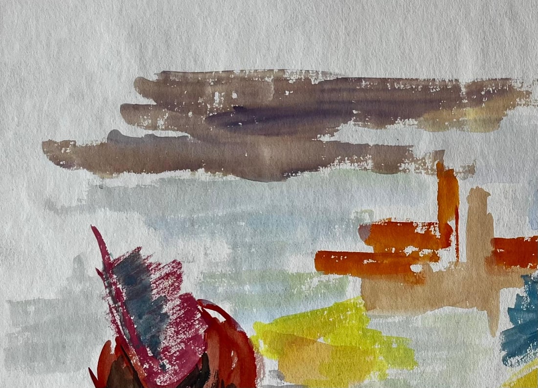 Guy Nicod; Abstract Landscape with Red Form and Cypress French Modernist Gouache - 8