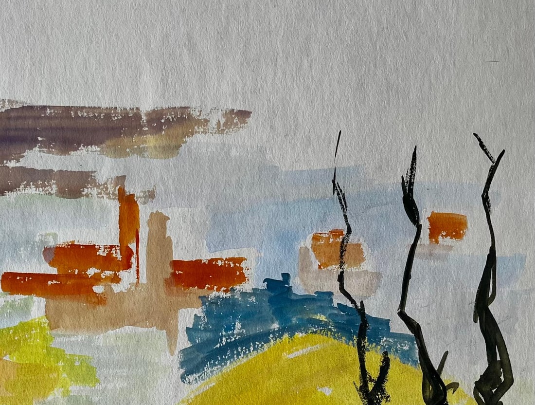 Guy Nicod; Abstract Landscape with Red Form and Cypress French Modernist Gouache - 9