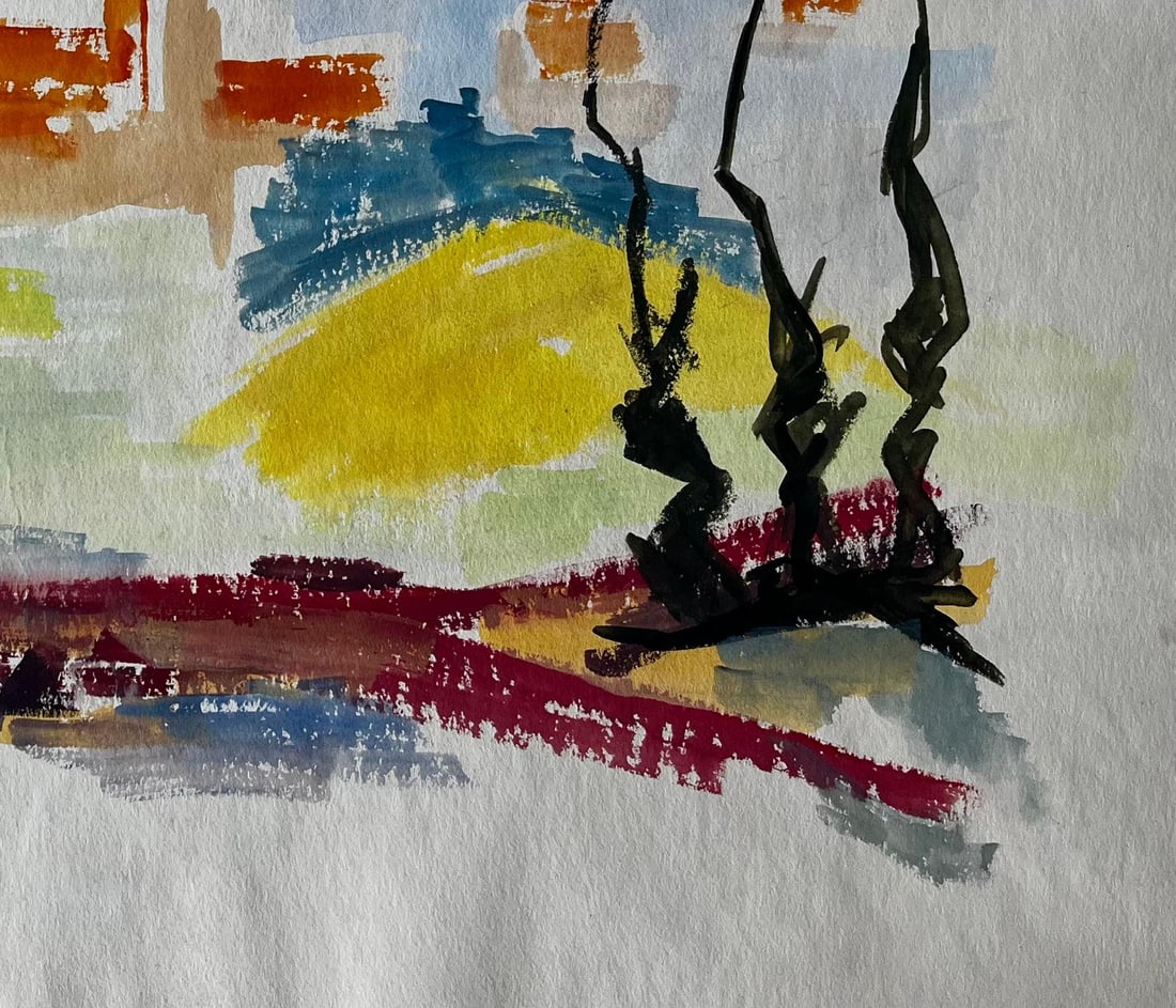 Guy Nicod; Abstract Landscape with Red Form and Cypress French Modernist Gouache - 14